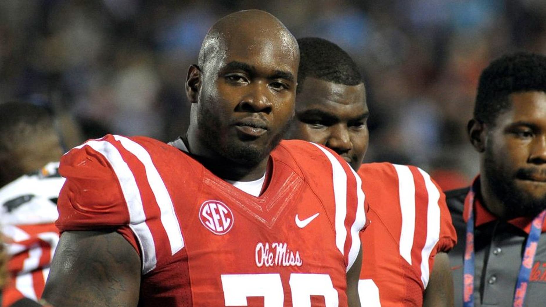 Oct 24, 2015; Oxford, MS, USA; Mississippi Rebels offensive lineman Laremy Tunsil (78) during the game against the Texas A&M Aggies at Vaught-Hemingway Stadium. Mississippi Rebels beat Texas A&M Aggies 23-3. Mandatory Credit: Justin Ford-USA TODAY Sports