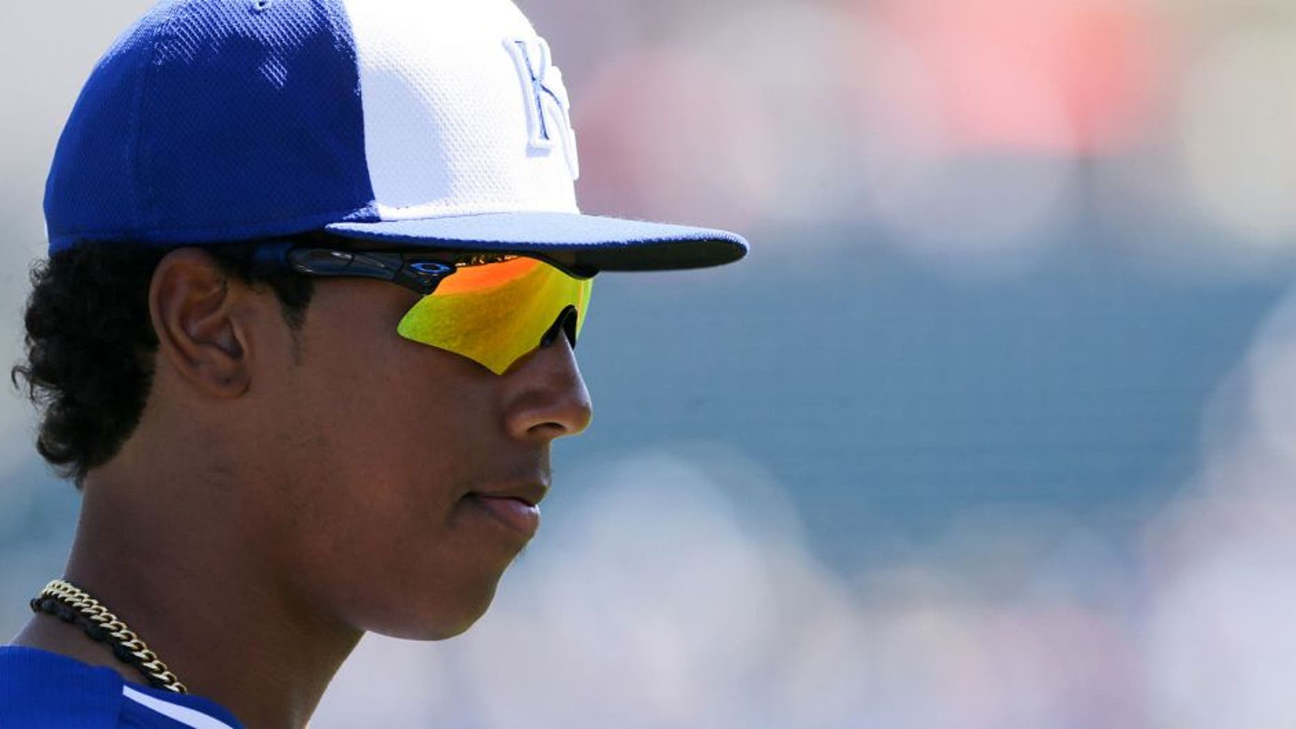 Mar 10, 2015; Surprise, AZ, USA; Kansas City Royals infielder Raul Mondesi (75) walks to the dugout during a spring training baseball game against the Chicago White Sox at Surprise Stadium. Mandatory Credit: Allan Henry-USA TODAY Sports