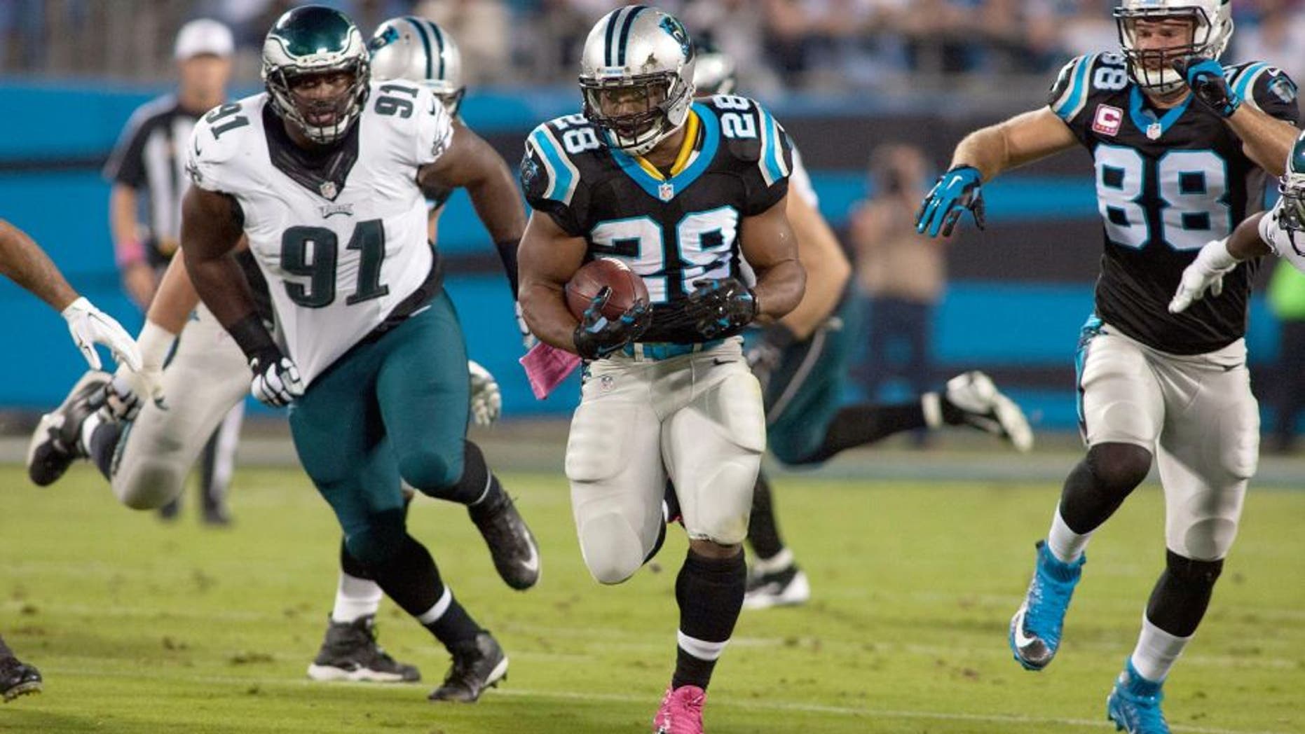 Oct 25, 2015; Charlotte, NC, USA; Carolina Panthers running back Jonathan Stewart (28) runs the ball during the first quarter against the Philadelphia Eagles at Bank of America Stadium. Mandatory Credit: Jeremy Brevard-USA TODAY Sports