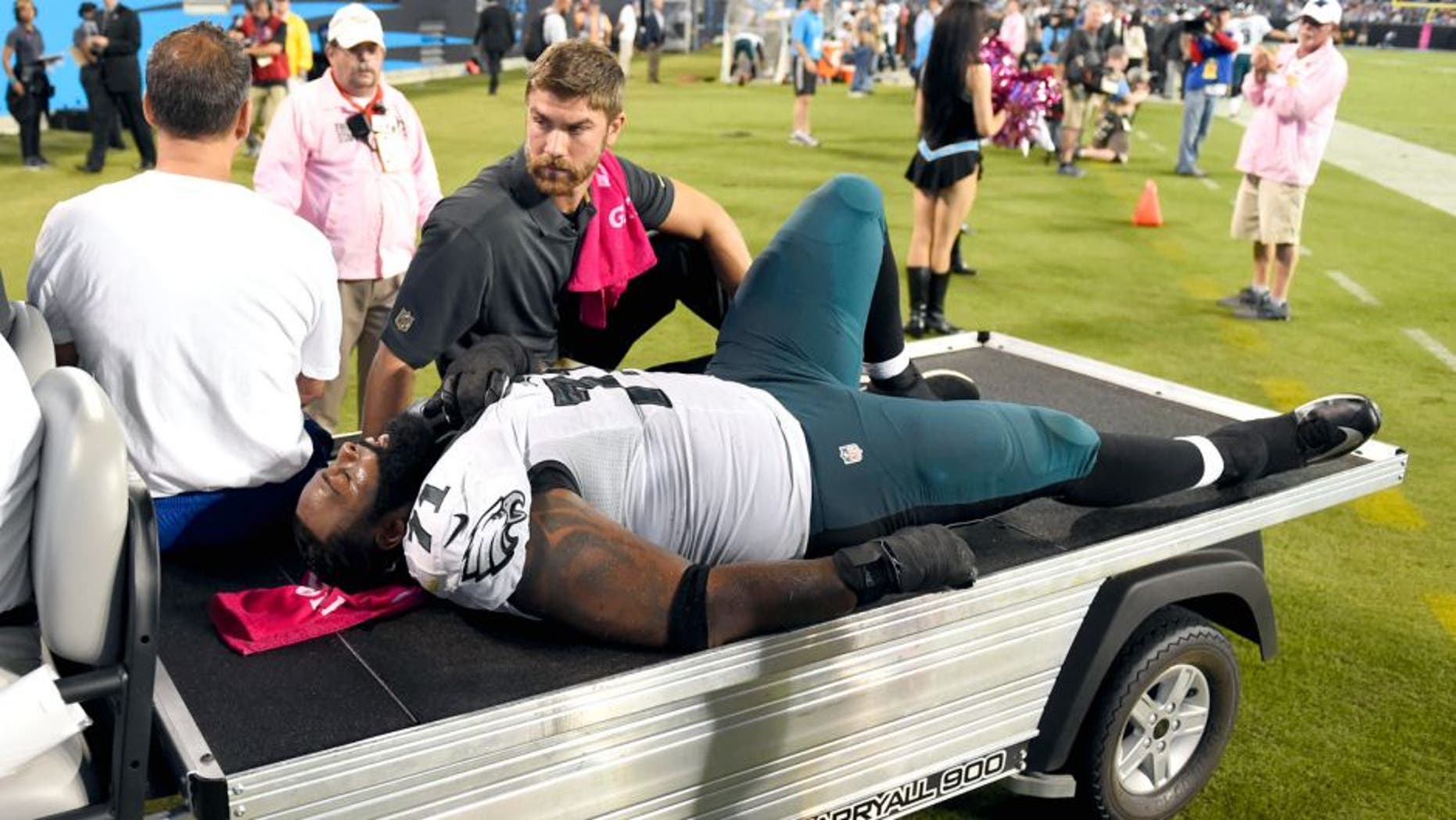 Oct 25, 2015; Charlotte, NC, USA; Philadelphia Eagles tackle Jason Peters (71) is taken off the field in the first quarter at Bank of America Stadium. Mandatory Credit: Bob Donnan-USA TODAY Sports