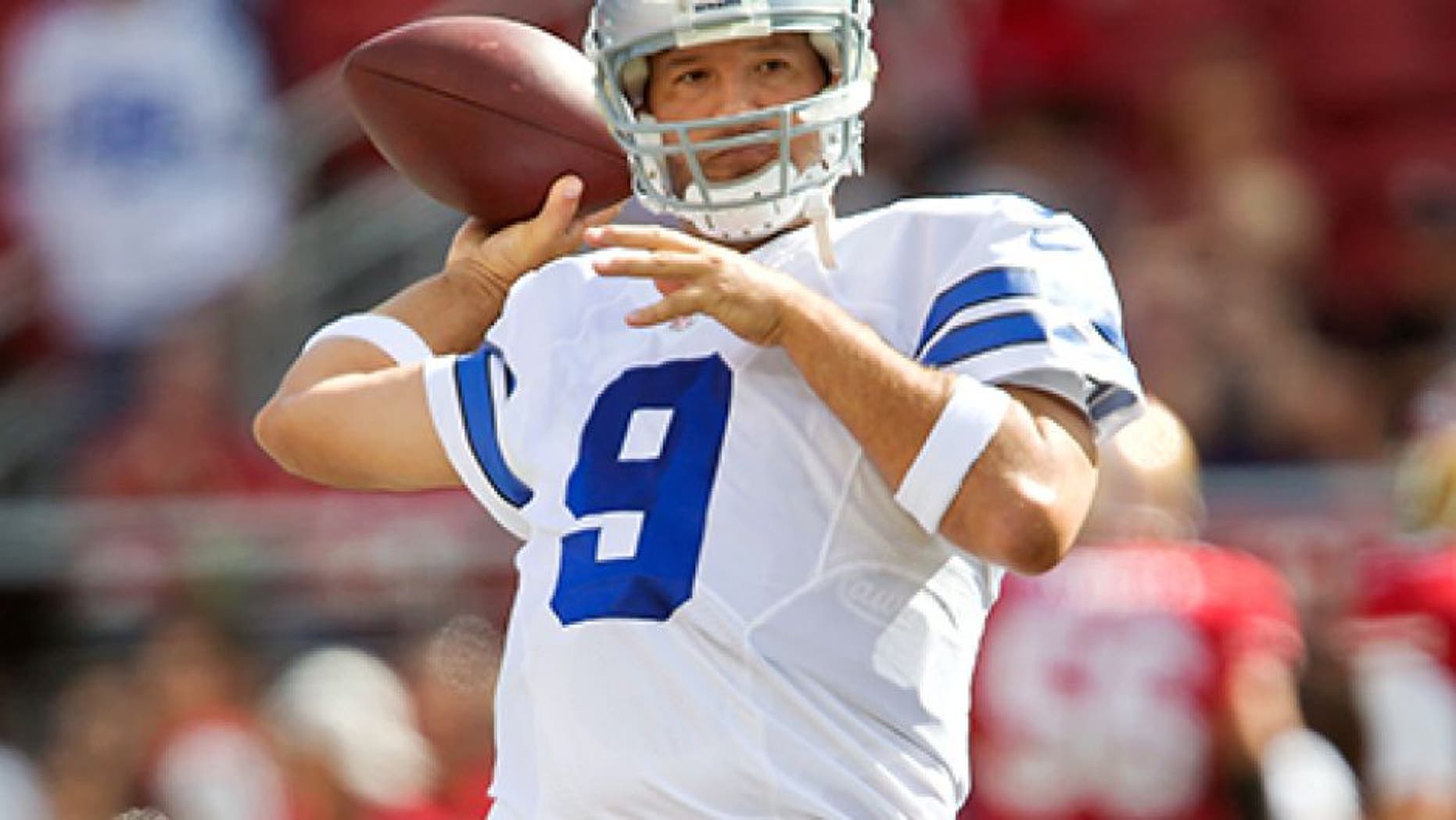 SANTA CLARA, CA - AUGUST 23: Quarterback Tony Romo #9 of the Dallas Cowboys warms up before a preseason game against the San Francisco 49ers on August 23, 2015 at Levi's Stadium in Santa Clara, California. The 49ers won 23-6. (Photo by Brian Bahr/Getty Images)