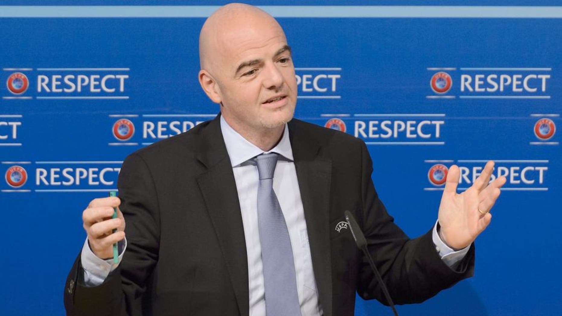 UEFA General Secretary Gianni Infantino gives a press conference following a UEFA Executive meeting on October 15, 2015 at the European football's governing body headquarters in Nyon. UEFA President Michel Platini will get a strong indication of the level of support from the organisation he heads after he was suspended for 90 days by FIFA's ethics committee looking into corruption at the global football body. AFP PHOTO / FABRICE COFFRINI (Photo credit should read FABRICE COFFRINI/AFP/Getty Images)