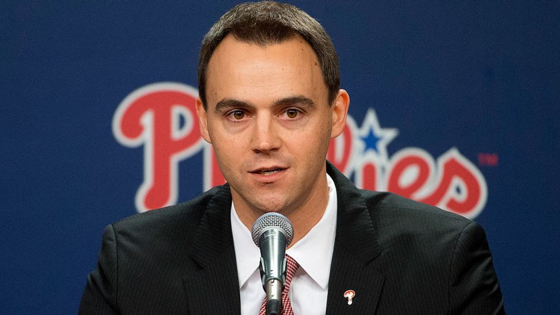 Philadelphia Phillies incoming general manager and vice president Matt Klentak speaks during a news conference Monday, Oct. 26, 2015, in Philadelphia. The 35-year-old Klentak becomes the youngest GM in team history. He had been the Angels assistant GM since November 2011. (AP Photo/Matt Rourke)