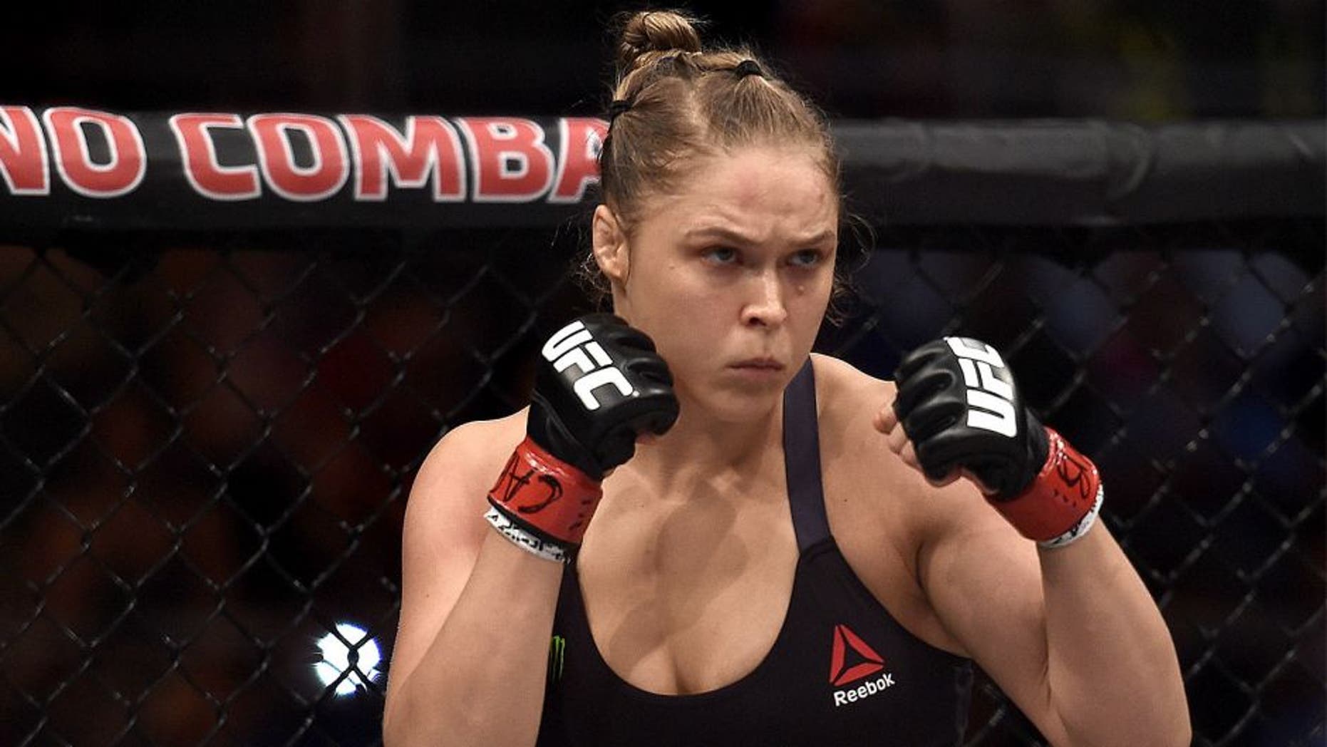 RIO DE JANEIRO, BRAZIL - AUGUST 01: Ronda Rousey of the United States looks on prior to her bantamweight title fight Bethe Correia of Brazil during the UFC 190 Rousey v Correia at HSBC Arena on August 1, 2015 in Rio de Janeiro, Brazil. (Photo by Buda Mendes/Zuffa LLC/Zuffa LLC via Getty Images)