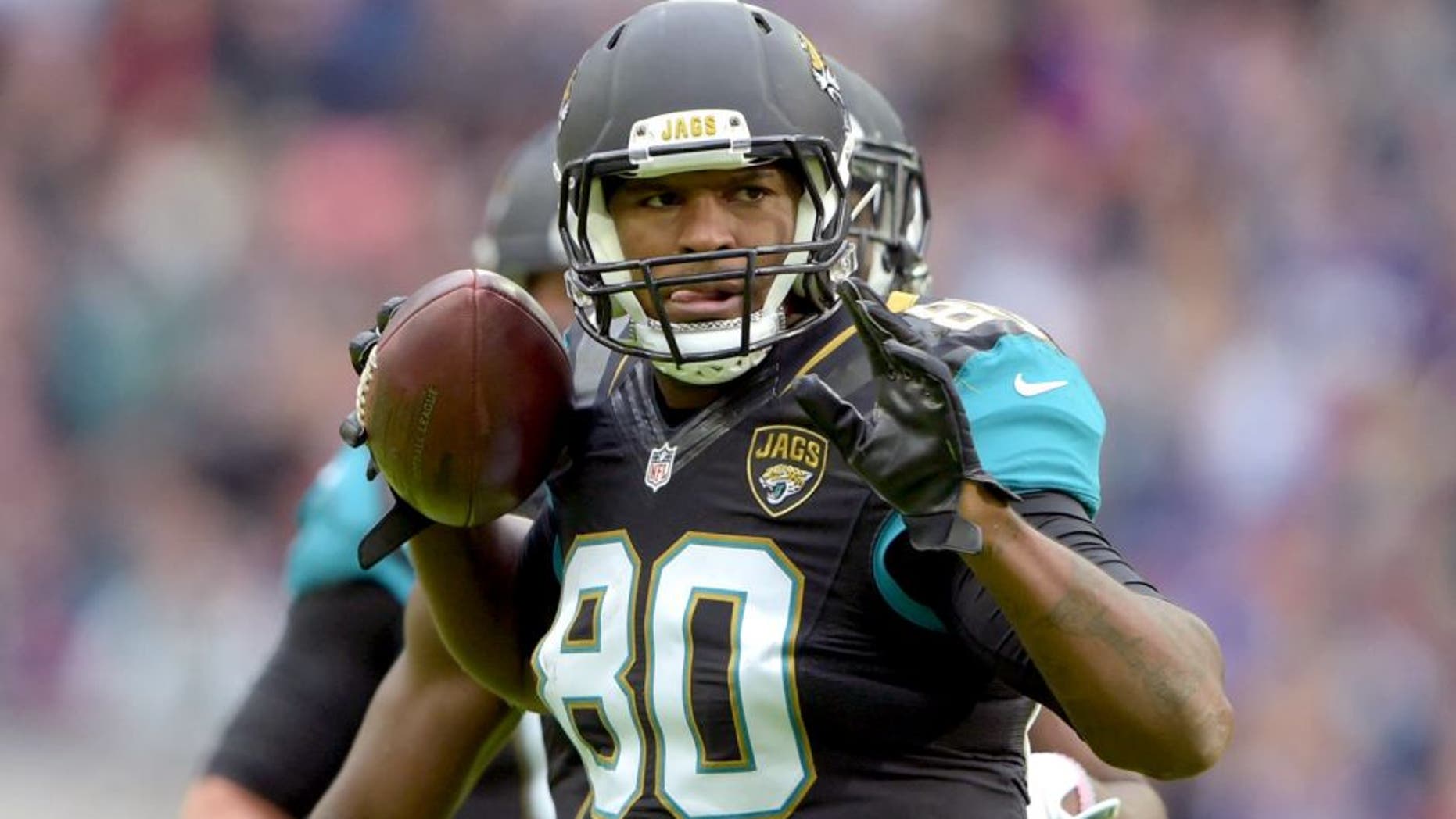 Oct 25, 2015; London, United Kingdom; Jacksonville Jaguars tight end Julius Thomas (80) celebrates after a catch against the Buffalo Bills during NFL International Series game at Wembley Stadium. Mandatory Credit: Kirby Lee-USA TODAY Sports