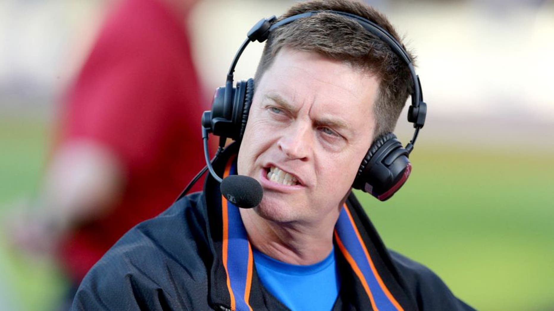 May 6, 2015; New York City, NY, USA; Comedian and Mets fan Jim Breuer is interviewed before a game between the New York Mets and the Baltimore Orioles at Citi Field. Mandatory Credit: Brad Penner-USA TODAY Sports