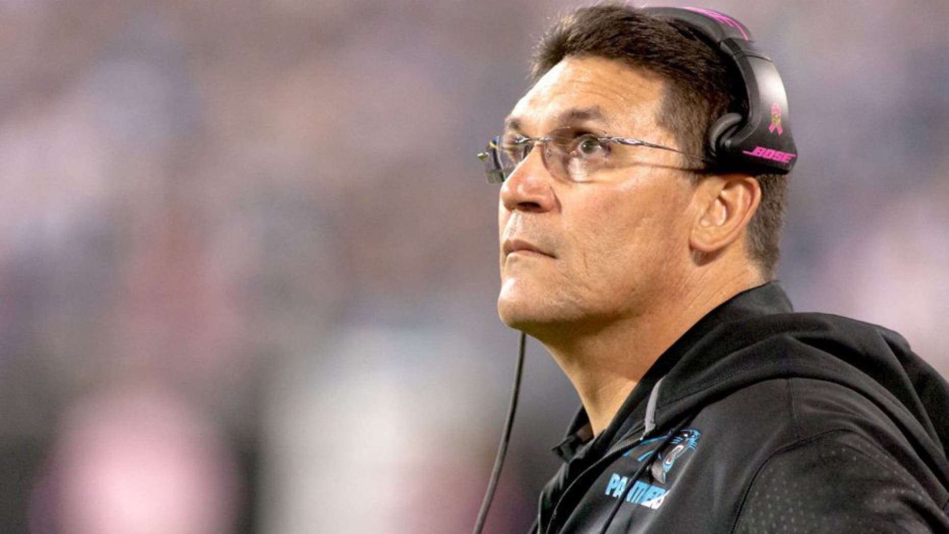 Oct 25, 2015; Charlotte, NC, USA; Carolina Panthers head coach Ron Rivera looks on during the second quarter against the Philadelphia Eagles at Bank of America Stadium. Mandatory Credit: Jeremy Brevard-USA TODAY Sports