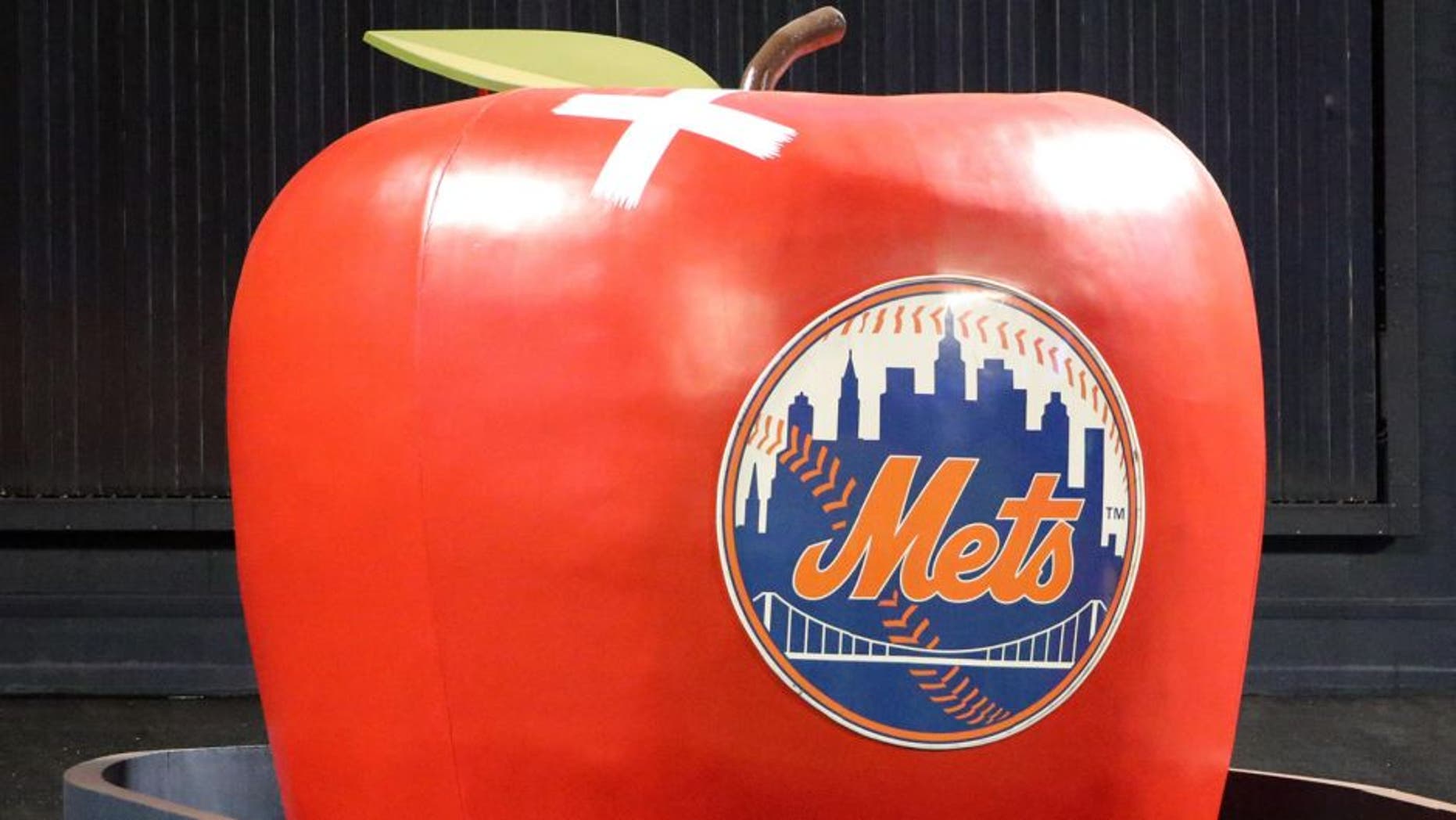 Oct 18, 2015; New York City, NY, USA; A general view as the apple in center field sports a bandage where it was hit on a solo home run hit by New York Mets catcher Travis d'Arnaud (not pictured) during yesterday's game one of the NLCS against the Chicago Cubs , as seen prior to game two at Citi Field. Mandatory Credit: Anthony Gruppuso-USA TODAY Sports