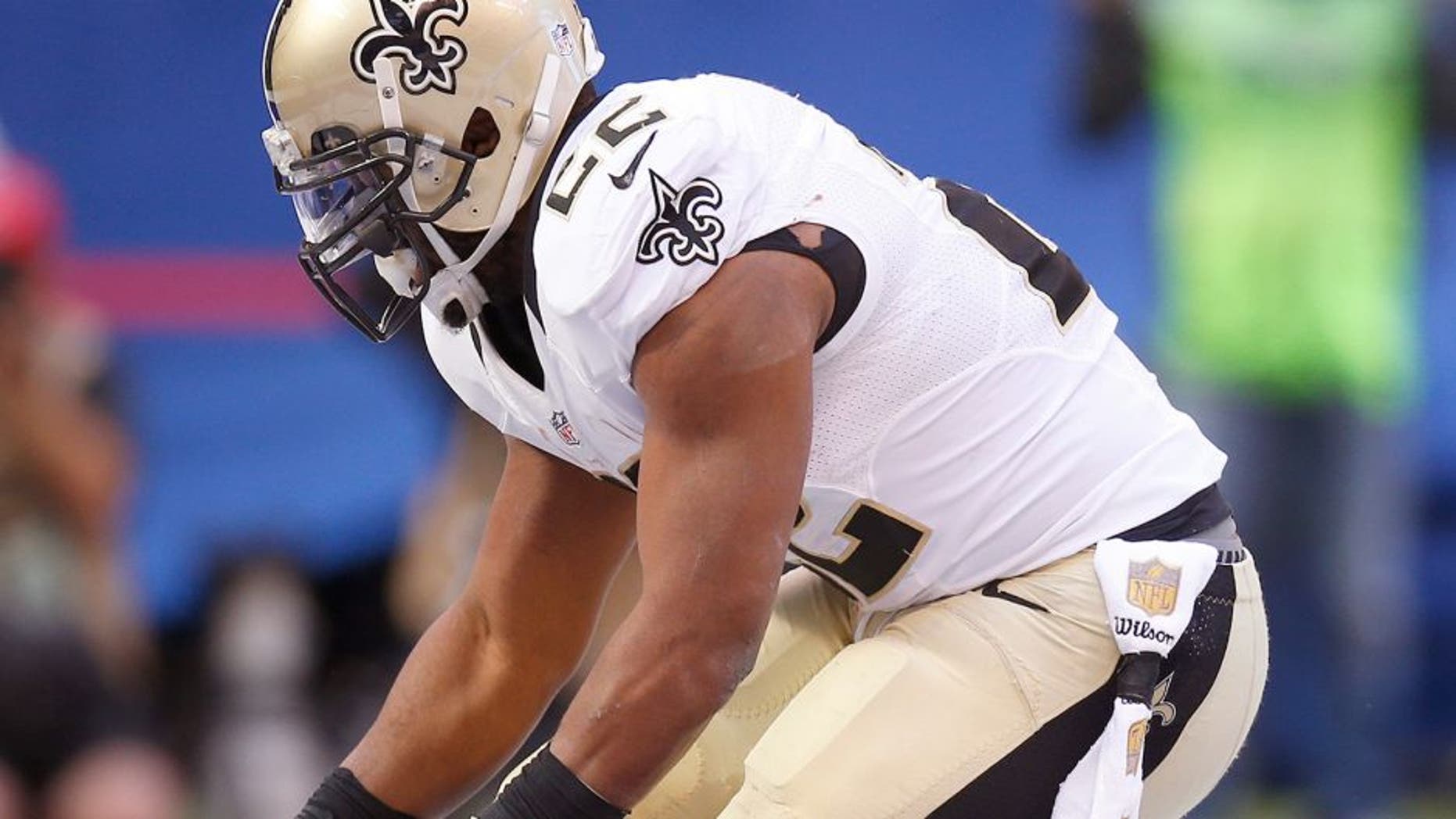 INDIANAPOLIS, IN - OCTOBER Mark Ingram #22 of the New Orleans Saints celebrates after a touchdown against the Indianapolis Colts in the second half of the game at Lucas Oil Stadium on October 25, 2015 in Indianapolis, Indiana. (Photo by Joe Robbins/Getty Images)