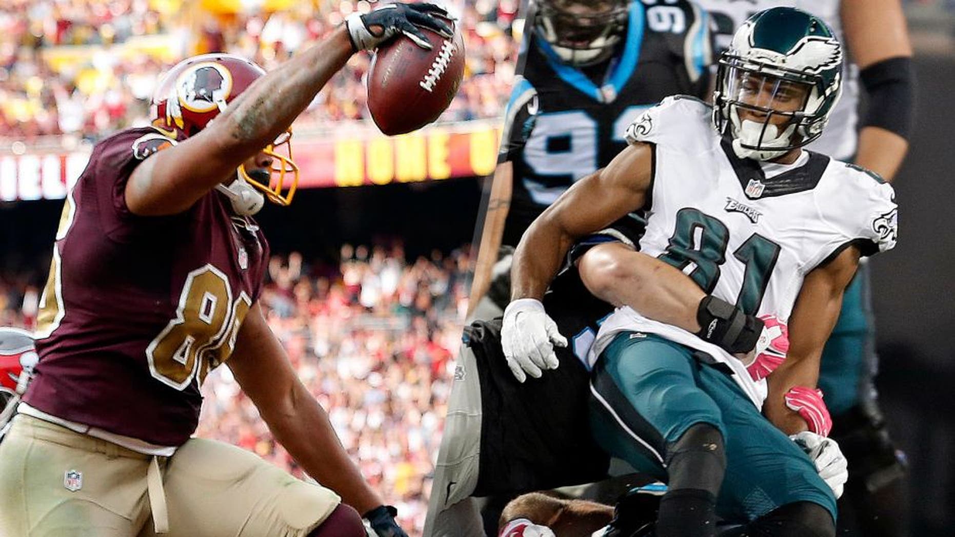 Washington Redskins tight end Jordan Reed (86) celebrates after catching the game-winning touchdown against the Tampa Bay Buccaneers in the final seconds of the fourth quarter at FedEx Field. The Redskins won 31-30. Mandatory Credit: Geoff Burke-USA TODAY Sports Carolina Panthers' Colin Jones, bottom, recovers the ball as Philadelphia Eagles' Jordan Matthews, right, is tackled in the first half of an NFL football game in Charlotte, N.C., Sunday, Oct. 25, 2015. The Panthers recovered the Matthews fumble. (AP Photo/Bob Leverone)