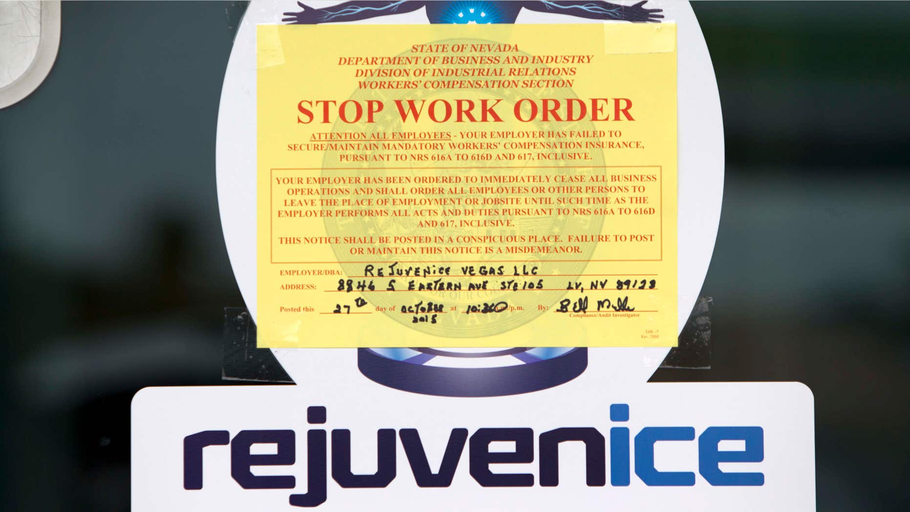 Oct. 27, 2015: A Stop Work Order is shown on the front door of the Rejuvenice spa in Las Vegas.