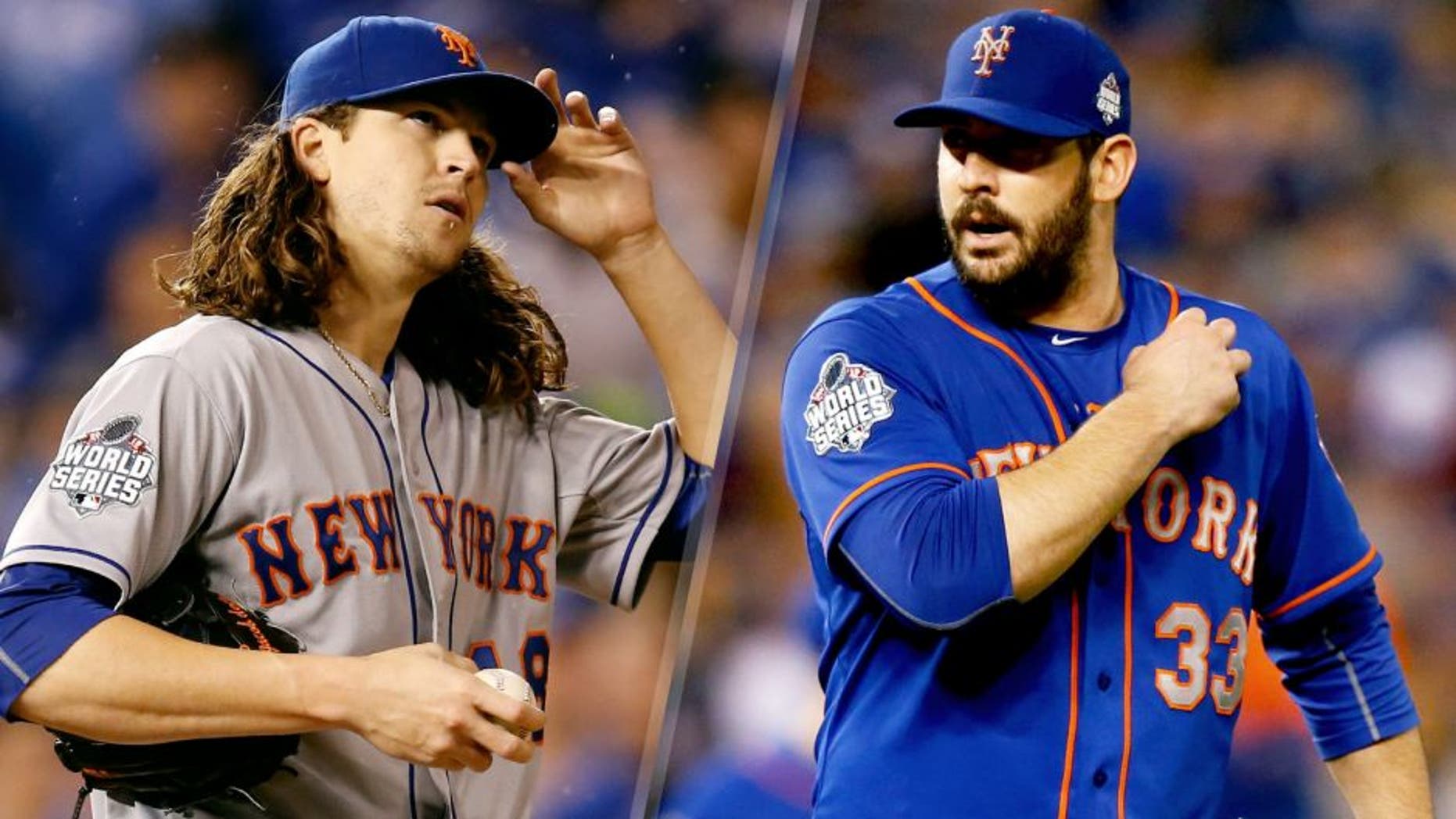KANSAS CITY, MO - OCTOBER 28: Jacob deGrom #48 of the New York Mets reacts in the fifth inning against the Kansas City Royals in Game Two of the 2015 World Series at Kauffman Stadium on October 28, 2015 in Kansas City, Missouri. (Photo by Sean M. Haffey/Getty Images) . KANSAS CITY, MO - OCTOBER 27: Matt Harvey #33 of the New York Mets reacts in the sixth inning against the Kansas City Royals during Game One of the 2015 World Series at Kauffman Stadium on October 27, 2015 in Kansas City, Missouri. (Photo by Jamie Squire/Getty Images)