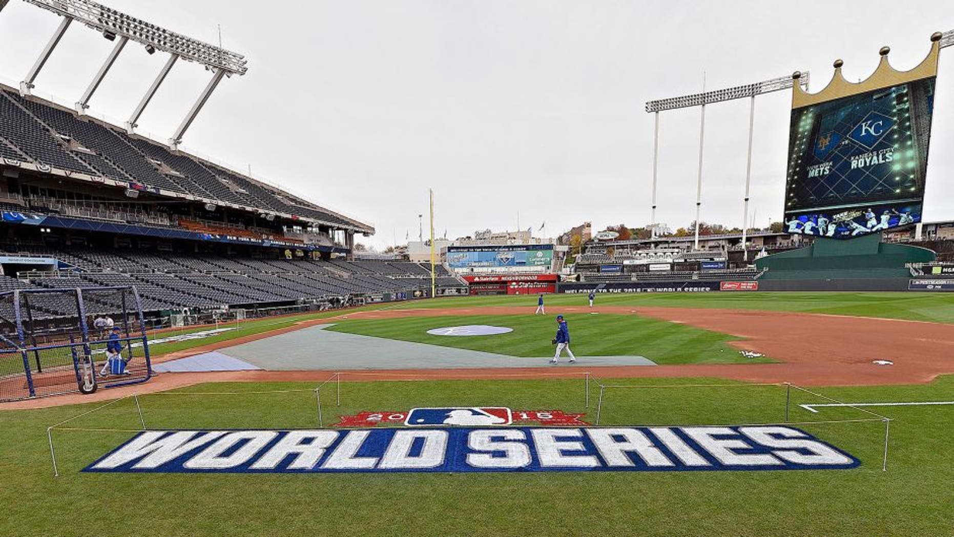 The 2015 World Series logo before the World Series workout for the Kansas City Royals and New York Mets on Monday, Oct. 26, 2015, at Kauffman Stadium in Kansas City, Mo. (John Sleezer/Kansas City Star/TNS via Getty Images)