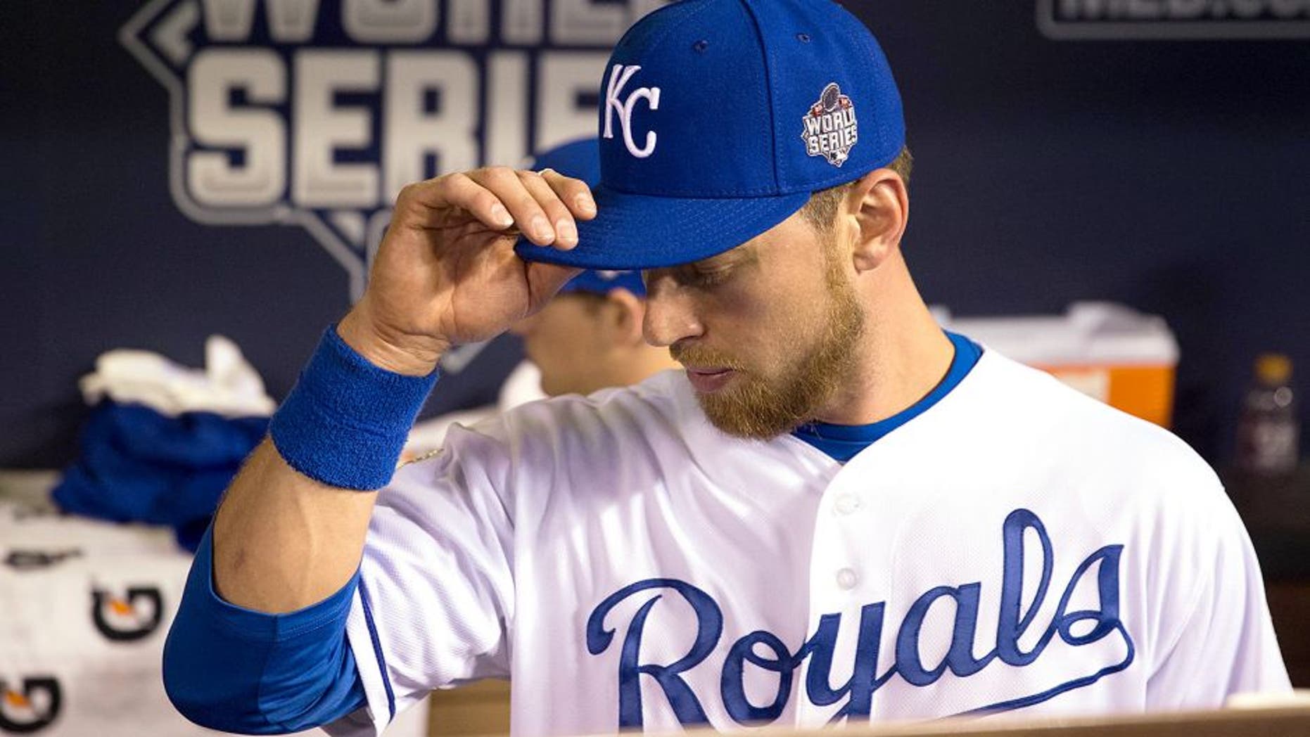 KANSAS CITY, MO - OCTOBER 28: Ben Zobrist #18 of the Kansas City Royals looks on prior to Game 2 of the 2015 World Series against the New York Mets at Kauffman Stadium on Wednesday, October 28, 2015 in Kansas City, Missouri. (Photo by Rob Tringali/MLB Photos via Getty Images)