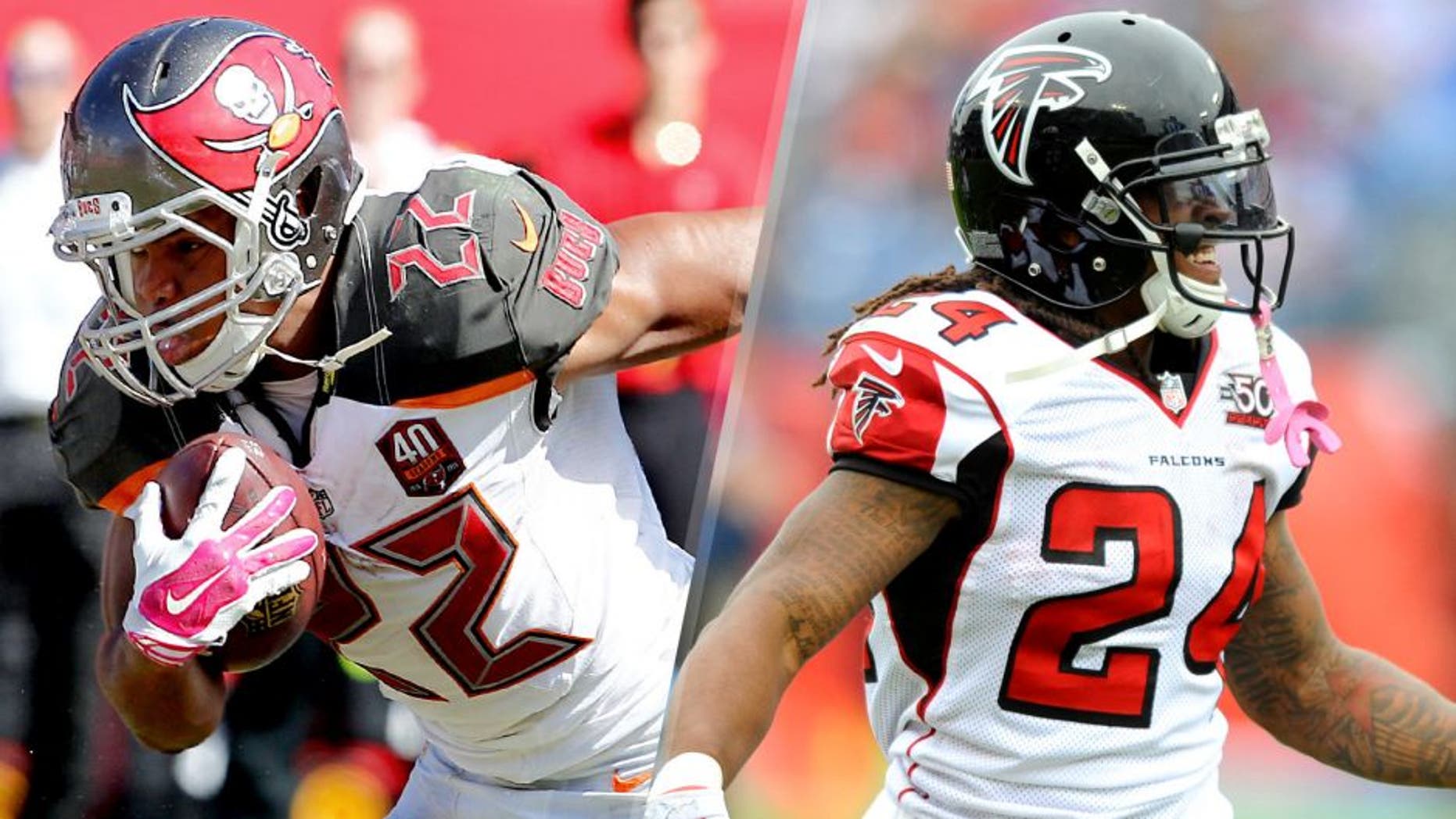Oct 11, 2015; Tampa, FL, USA; Tampa Bay Buccaneers running back Doug Martin (22) runs for a first down during the second half of an NFL football game Jacksonville Jaguars at Raymond James Stadium. Tampa won 38-31. Mandatory Credit: Reinhold Matay-USA TODAY Sports Oct 25, 2015; Nashville, TN, USA; Atlanta Falcons running back Devonta Freeman (24) after a short gain during the first half against the Tennessee Titans at Nissan Stadium. Mandatory Credit: Christopher Hanewinckel-USA TODAY Sports