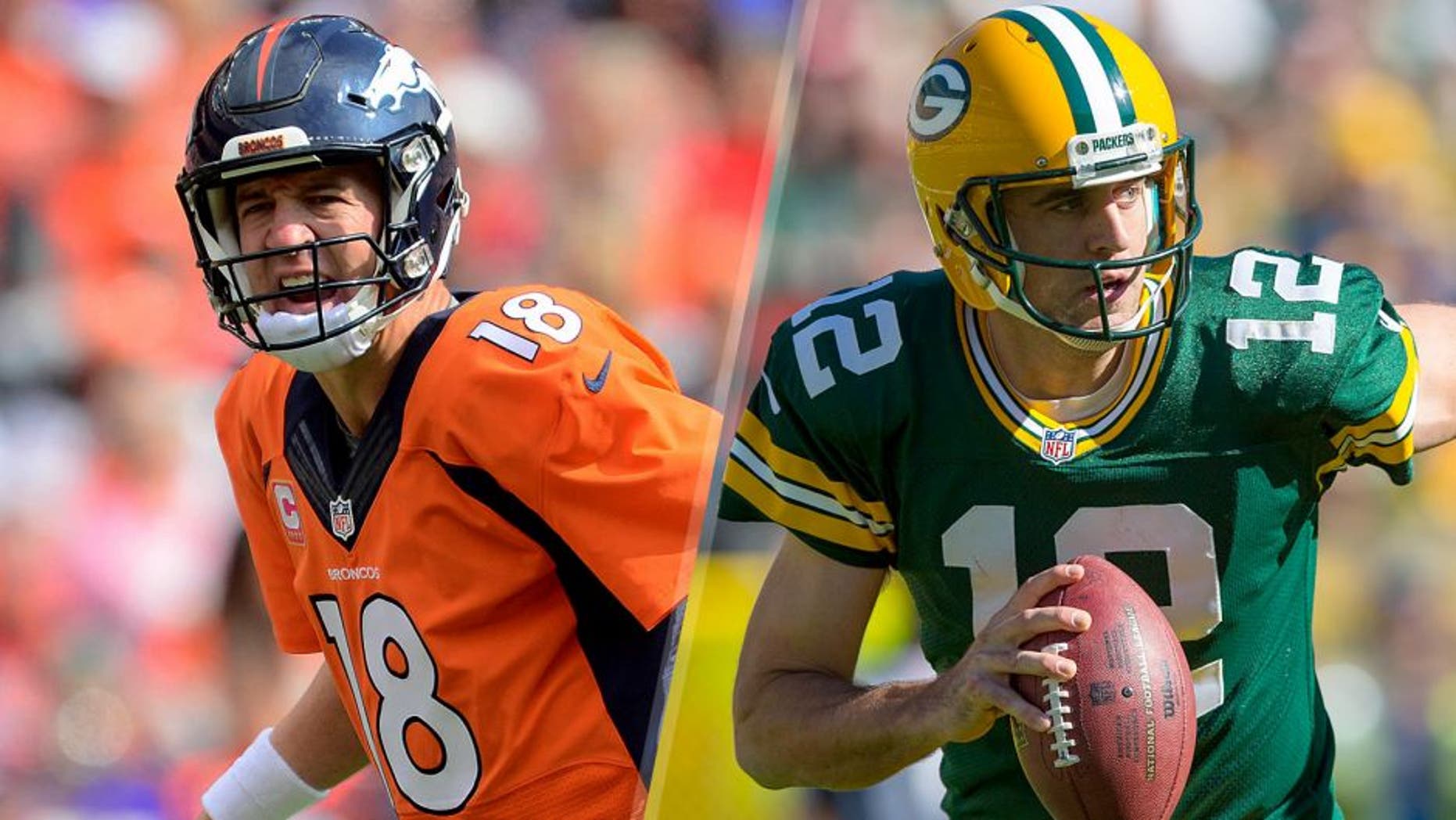 Oct 4, 2015; Denver, CO, USA; Denver Broncos quarterback Peyton Manning (18) calls out in the first quarter against the Minnesota Vikings at Sports Authority Field at Mile High. Mandatory Credit: Ron Chenoy-USA TODAY Sports Oct 11, 2015; Green Bay, WI, USA; Green Bay Packers quarterback Aaron Rodgers (12) during the game against the St. Louis Rams at Lambeau Field. Green Bay won 24-10. Mandatory Credit: Jeff Hanisch-USA TODAY Sports