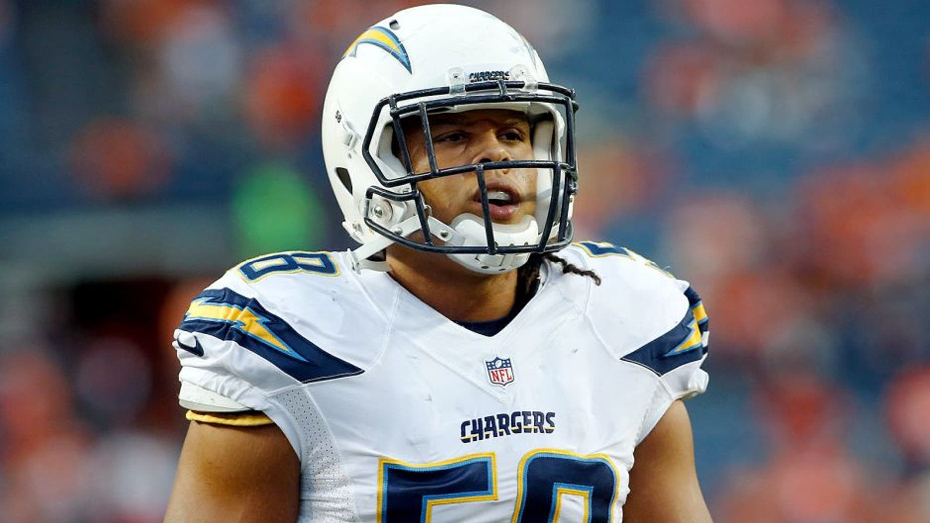 Oct 23, 2014; Denver, CO, USA; San Diego Chargers outside linebacker Tourek Williams (58) before the game against the Denver Broncos at Sports Authority Field at Mile High. Mandatory Credit: Chris Humphreys-USA TODAY Sports