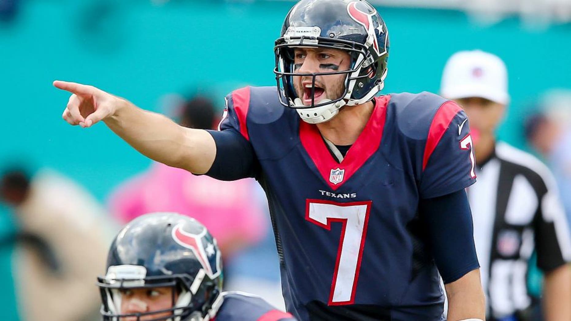 Oct 25, 2015; Miami Gardens, FL, USA; Houston Texans quarterback Brian Hoyer (7) yells out from the line of scrimmage against the Miami Dolphins during the second half at Sun Life Stadium. The Dolphins won 44-26. Mandatory Credit: Steve Mitchell-USA TODAY Sports