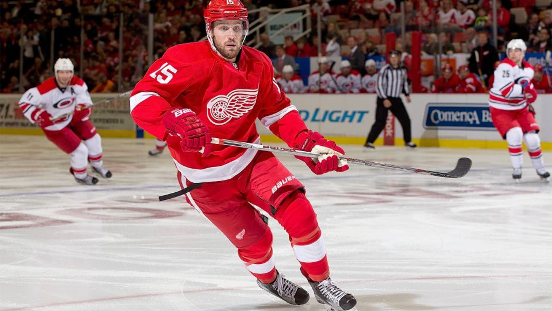 DETROIT, MI - OCTOBER 27: Riley Sheahan #15 of the Detroit Red Wings follows the play during an NHL game against the Carolina Hurricanes at Joe Louis Arena on October 27, 2015 in Detroit, Michigan. (Photo by Dave Reginek/NHLI via Getty Images)