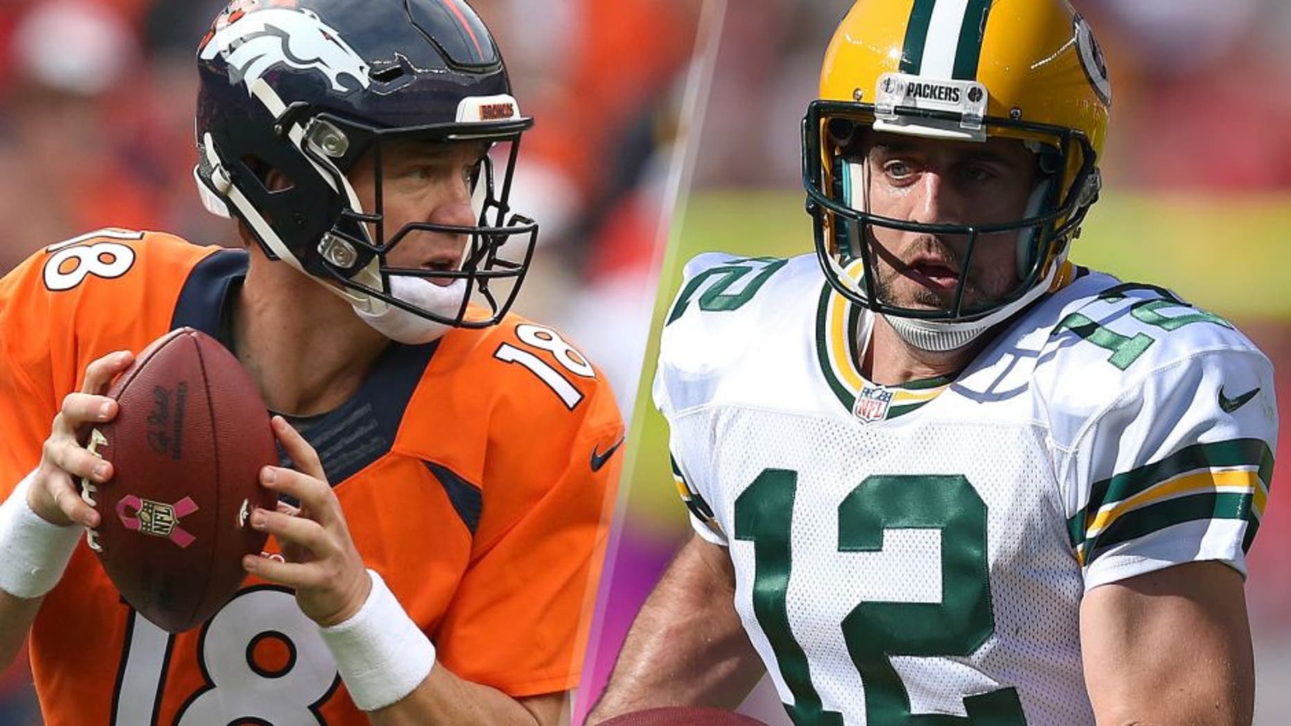 Quarterback Peyton Manning #18 of the Denver Broncos looks for a receiver against the Minnesota Vikings at Sports Authority Field at Mile High on October 4, 2015 in Denver, Colorado. The Broncos defeated the Vikings 23-20. (Photo by Doug Pensinger/Getty Images) Aaron Rodgers #12 of the Green Bay Packers runs with the ball against the San Francisco 49ers during the third quarter at Levi's Stadium on October 4, 2015 in Santa Clara, California. (Photo by Thearon W. Henderson/Getty Images)