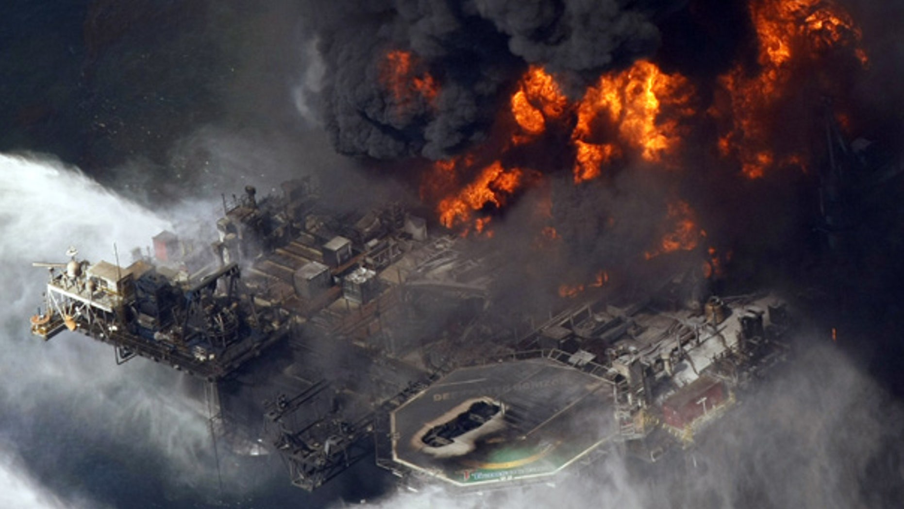Apr. 21, 2010: The Deepwater Horizon oil rig is seen burning in the Gulf of Mexico.