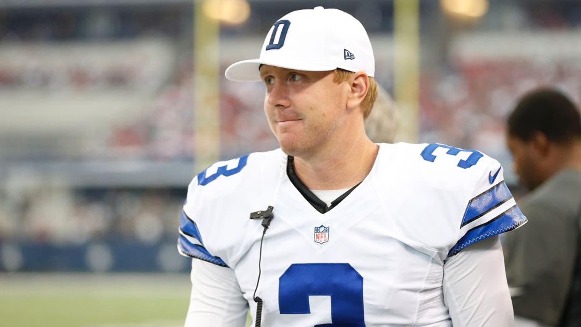 Sep 7, 2014; Arlington, TX, USA; Dallas Cowboys quarterback Brandon Weeden (3) on the sidelines during the game against the San Francisco 49ers at AT&T Stadium. Mandatory Credit: Matthew Emmons-USA TODAY Sports