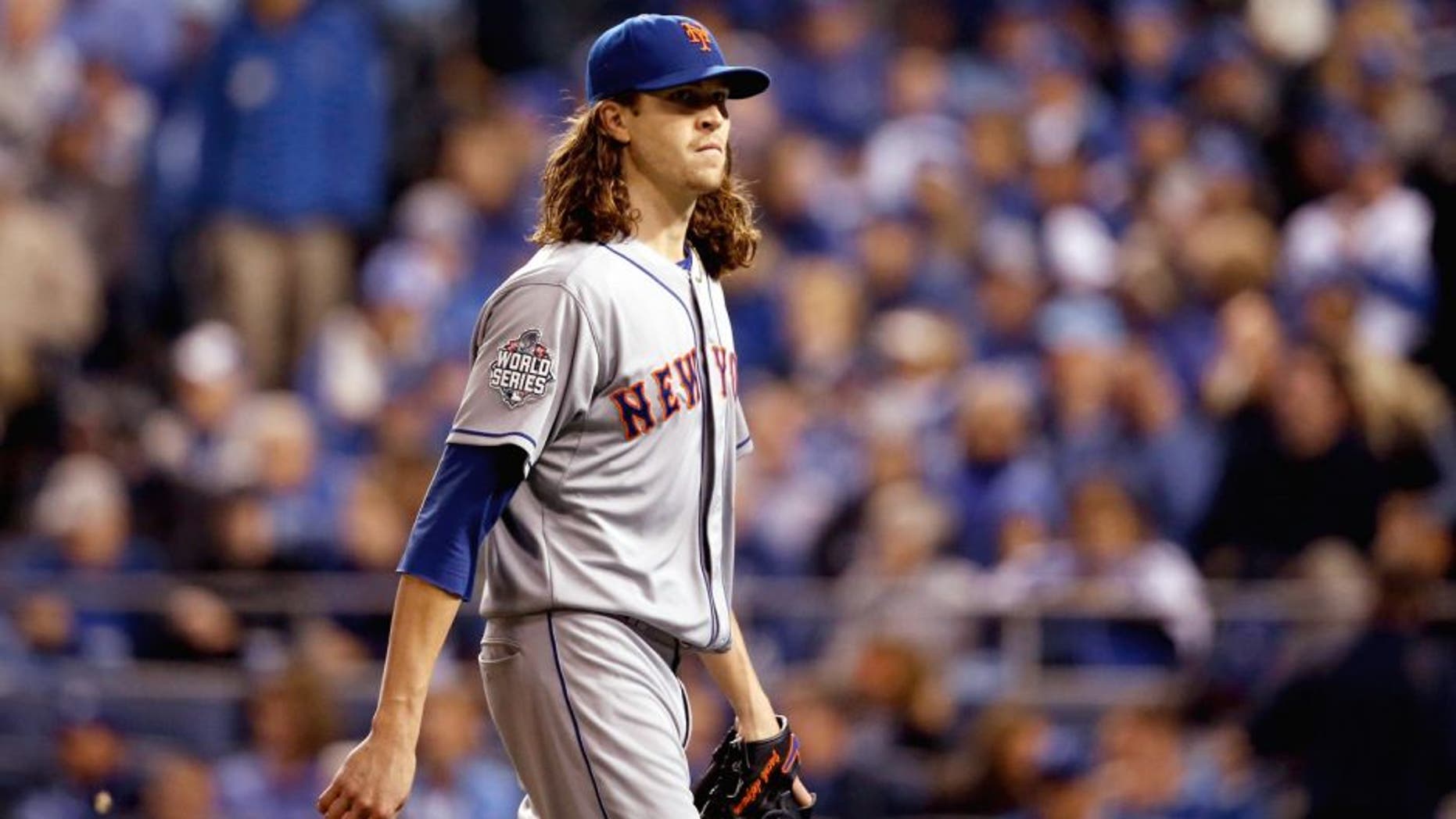 KANSAS CITY, MO - OCTOBER 28: Jacob deGrom #48 of the New York Mets reacts after retiring the side in the second inning against the Kansas City Royals in Game Two of the 2015 World Series at Kauffman Stadium on October 28, 2015 in Kansas City, Missouri. (Photo by Christian Petersen/Getty Images)