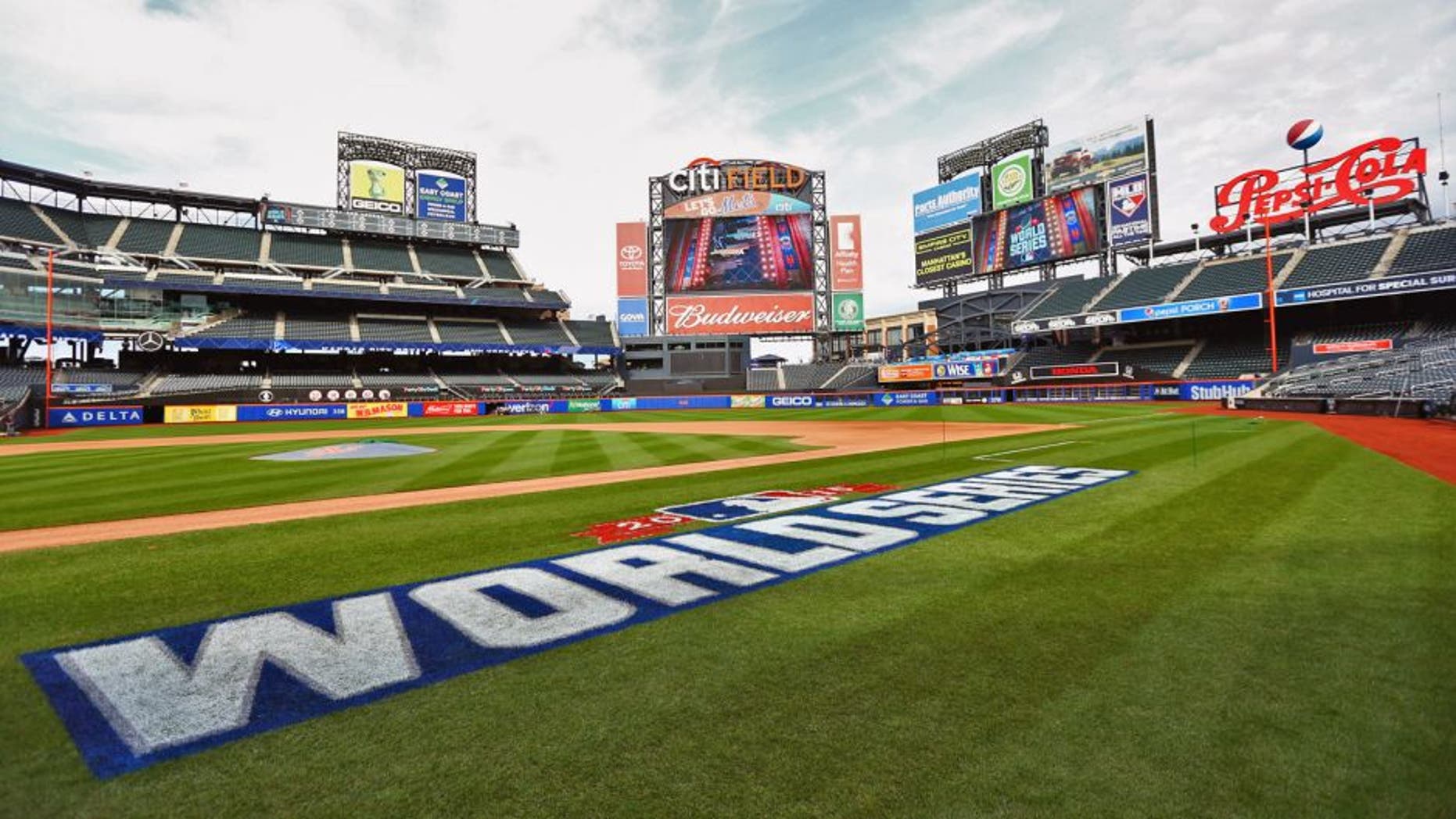 NEW YORK, NY - OCTOBER 29: The World Series Logo is seen painted on the field during a workout the day before Game Three of the 2015 World Series between the Kansas City Royals and the New York Mets at Shea Stadium on October 29, 2015 in New York City. (Photo by Michael Heiman/Getty Images)