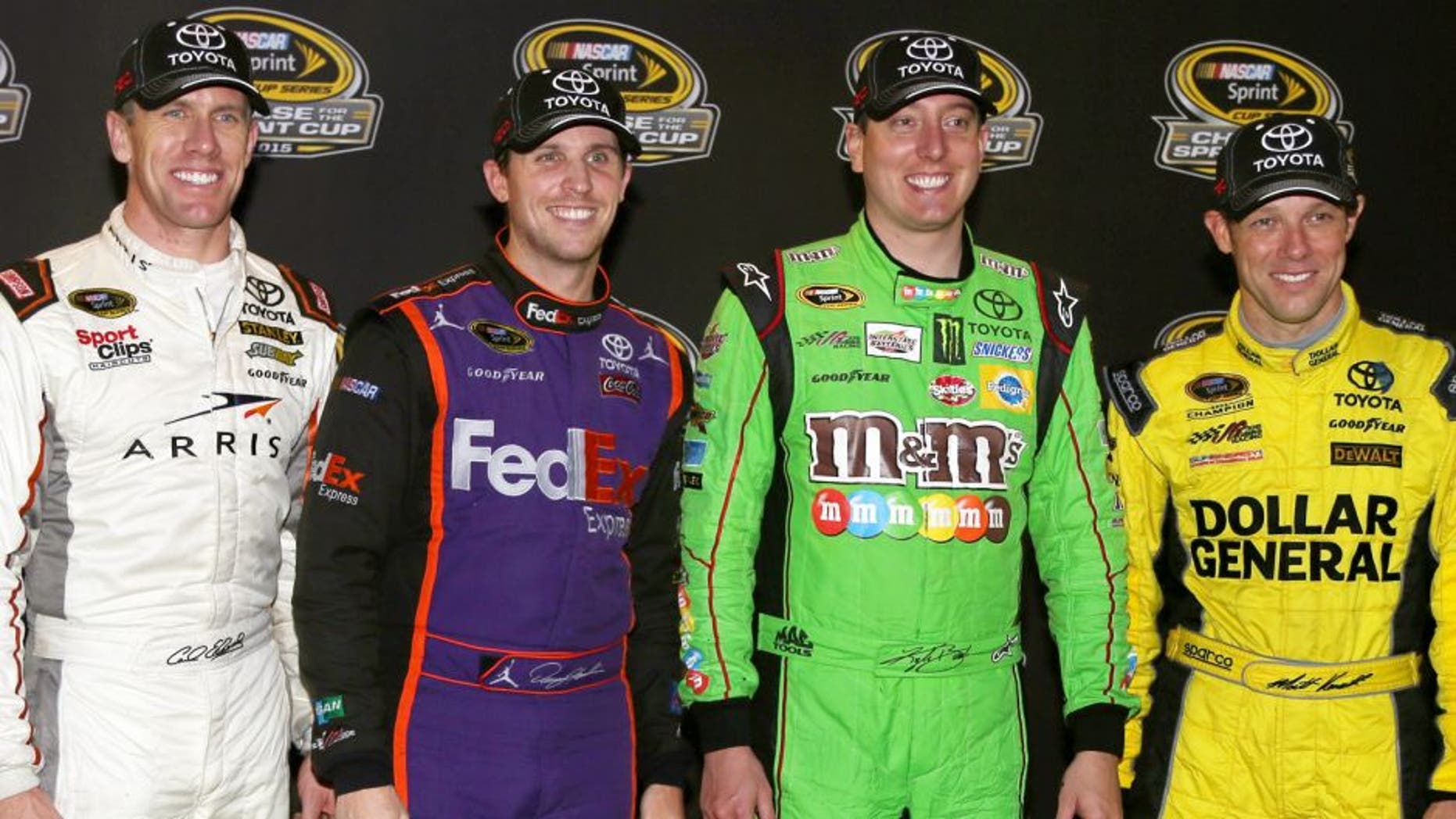 Carl Edwards, driver of the #19 ARRIS Toyota, Denny Hamlin, driver of the #11 FedEx Express Toyota, Kyle Busch, driver of the #18 M&M's Crispy/American Heritage Chocolate Toyota, and Matt Kenseth, driver of the #20 Dollar General Toyota, pose for a photo during the Post Race Party after making the Chase for the Sprint Cup after the NASCAR Sprint Cup Series Federated Auto Parts 400 at Richmond International Raceway on September 12, 2015 in Richmond, Virginia. (Photo by Jerry Markland/Getty Images)