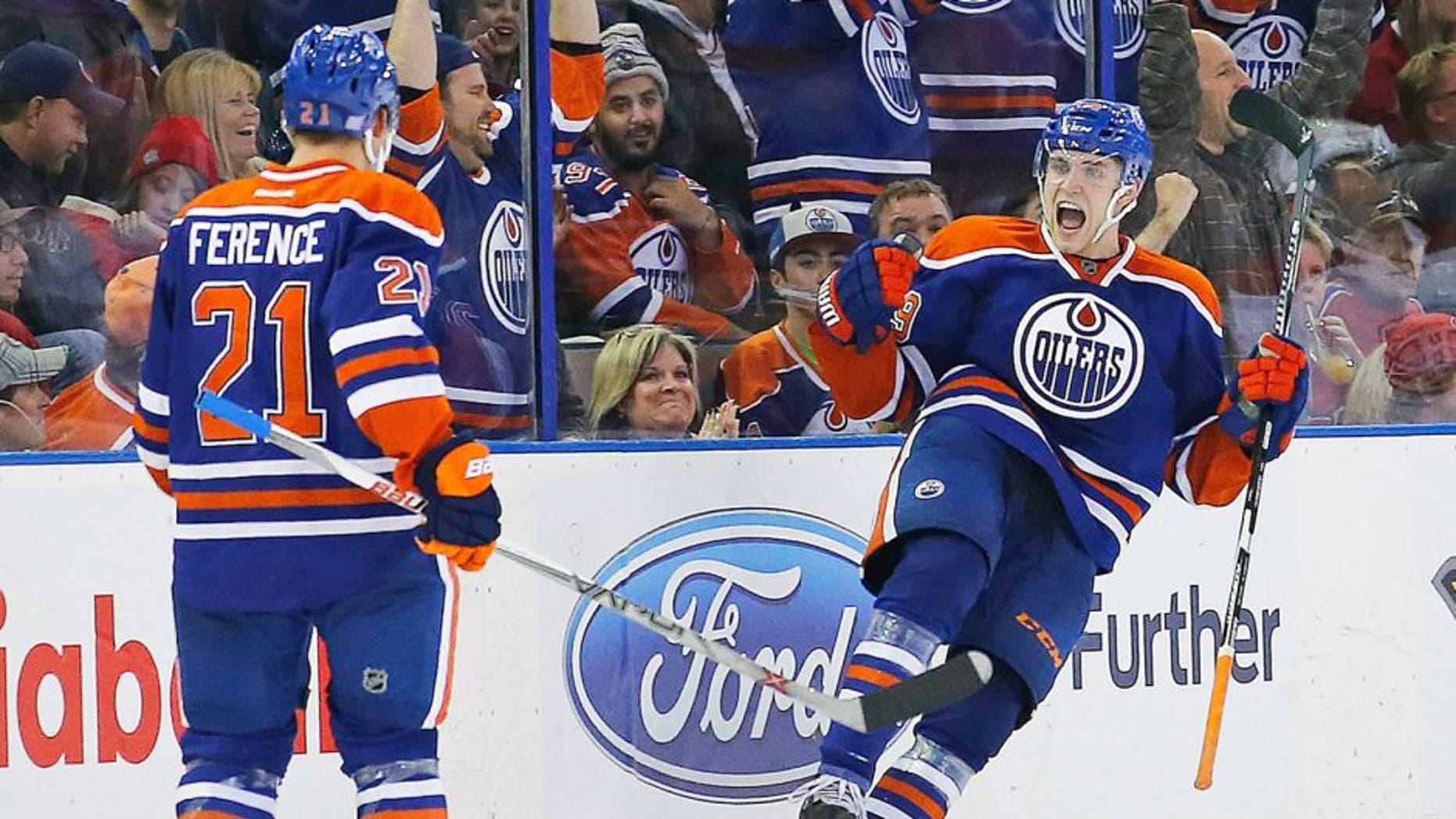 Oct 29, 2015; Edmonton, Alberta, CAN; Edmonton Oilers forward Leon Draisaitl (29) celebrates his game winning goal in the third period against the Montreal Canadiens at Rexall Place. Mandatory Credit: Perry Nelson-USA TODAY Sports