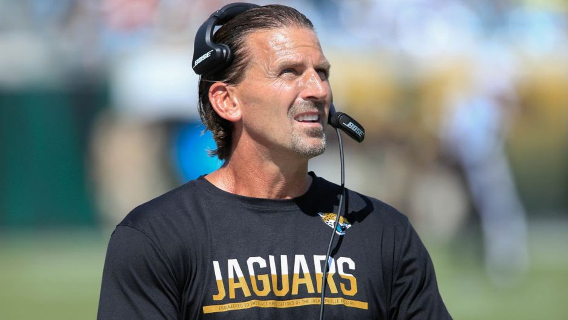 Sep 25, 2016; Jacksonville, FL, USA; Jacksonville Jaguars offensive coordinator Greg Olson on the bench during the second half of a football game against the Baltimore Ravens at EverBank FieldThe Baltimore Ravens won 19-17. Mandatory Credit: Reinhold Matay-USA TODAY Sports