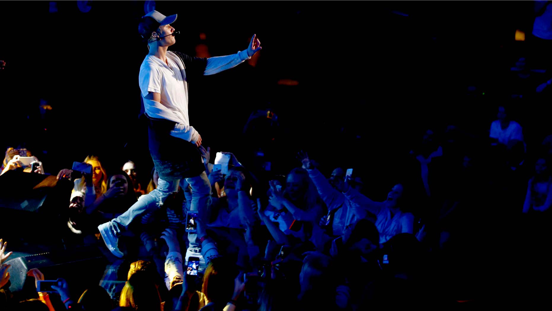 Oct. 29, 2015: Singer Justin Bieber performs on stage during a mini concert in Oslo.