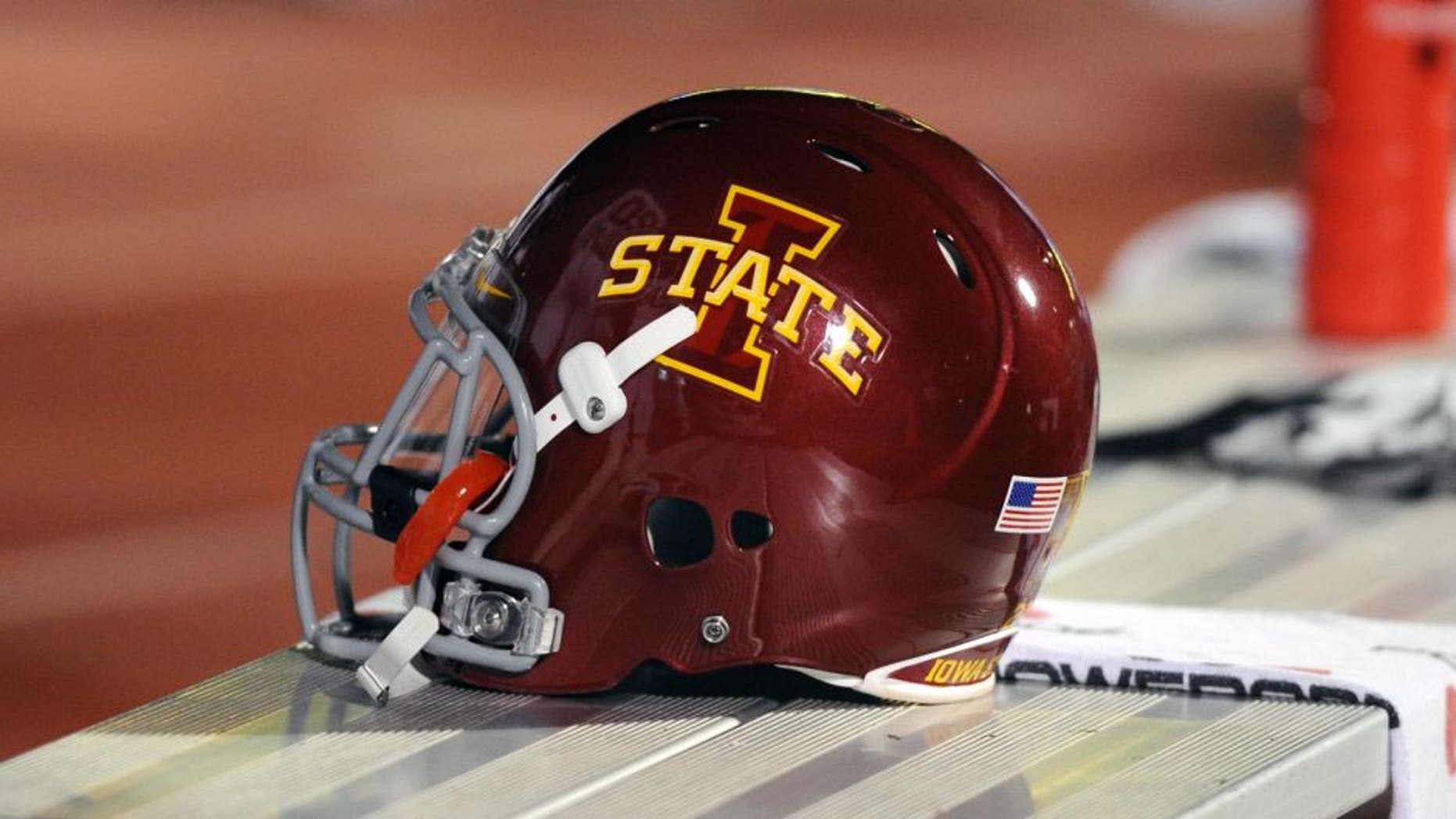 Nov 17, 2012; Lawrence, KS, USA; An Iowa State Cyclones helmet on the bench against the Kansas Jayhawks in the second half at Memorial Stadium. Iowa State won the game 51-23. Mandatory Credit: John Rieger-USA TODAY Sports