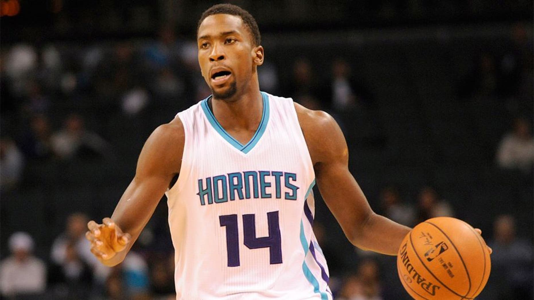 Oct 23, 2014; Charlotte, NC, USA; Charlotte Hornets forward Michael Kidd-Gilchrist (14) during the first half of the game against the Indiana Pacers at Time Warner Cable Arena. Mandatory Credit: Sam Sharpe-USA TODAY Sports