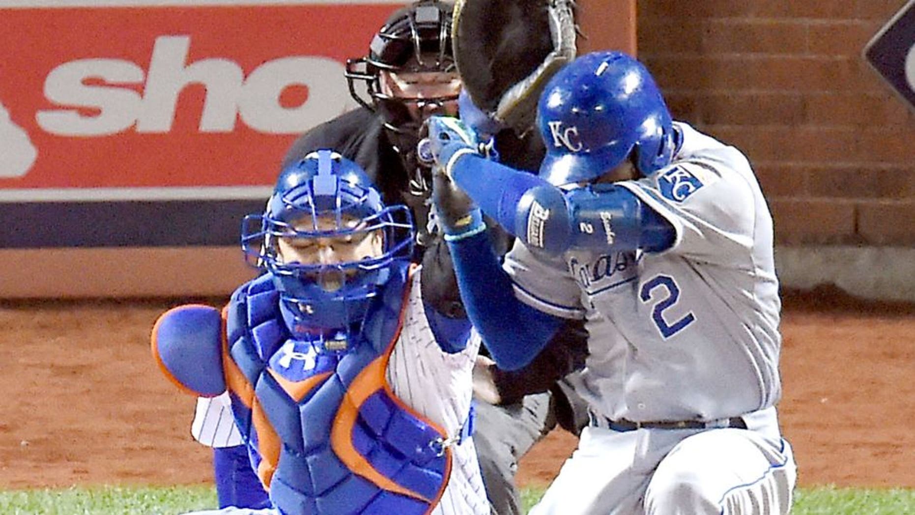 The Kansas City Royals' Alcides Escobar (2) dodges the first pitch by New York Mets pitcher Noah Syndergaard in the first inning during Game 3 of the World Series on Friday, Oct. 30, 2015, at Citi Field in New York. (David Eulitt/Kansas City Star/TNS via Getty Images)