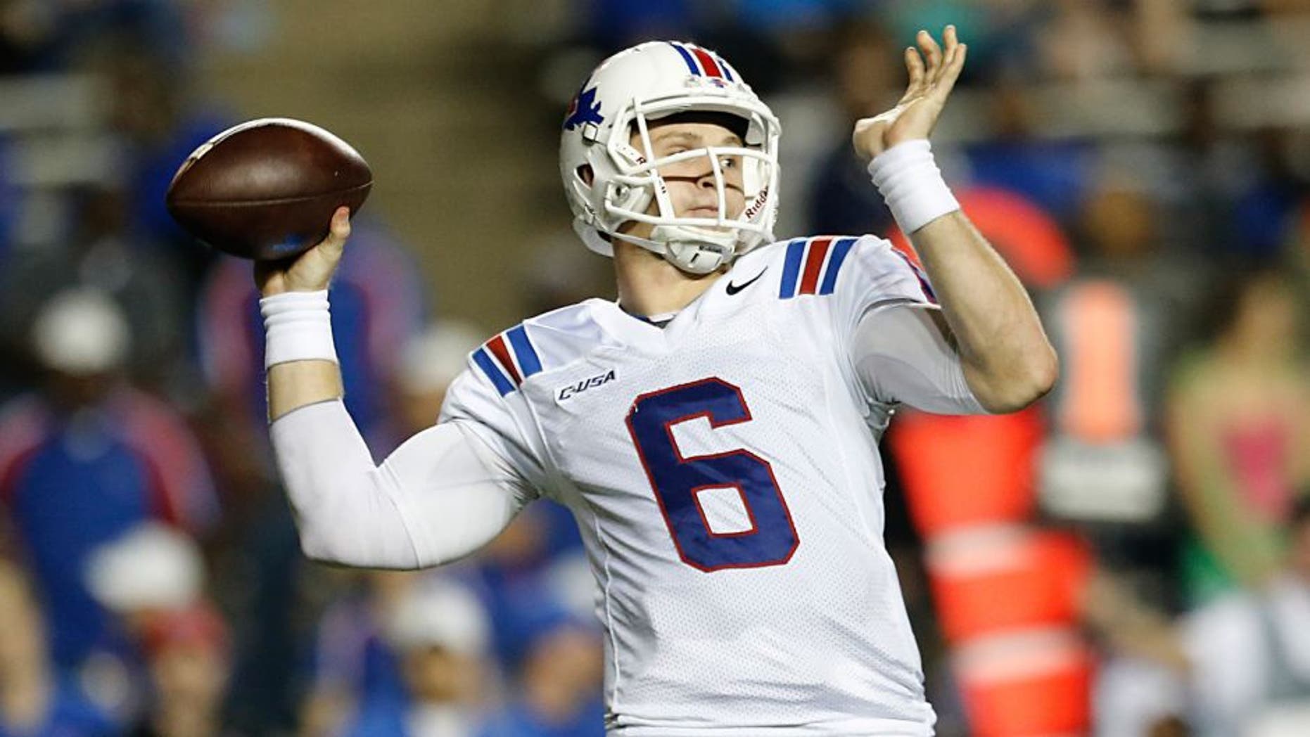 Oct 30, 2015; Houston, TX, USA; Louisiana Tech Bulldogs quarterback Jeff Driskel (6) throws the ball against the Rice Owls in the third quarter at Rice Stadium. The Bulldogs won 42-17. Mandatory Credit: Thomas B. Shea-USA TODAY Sports