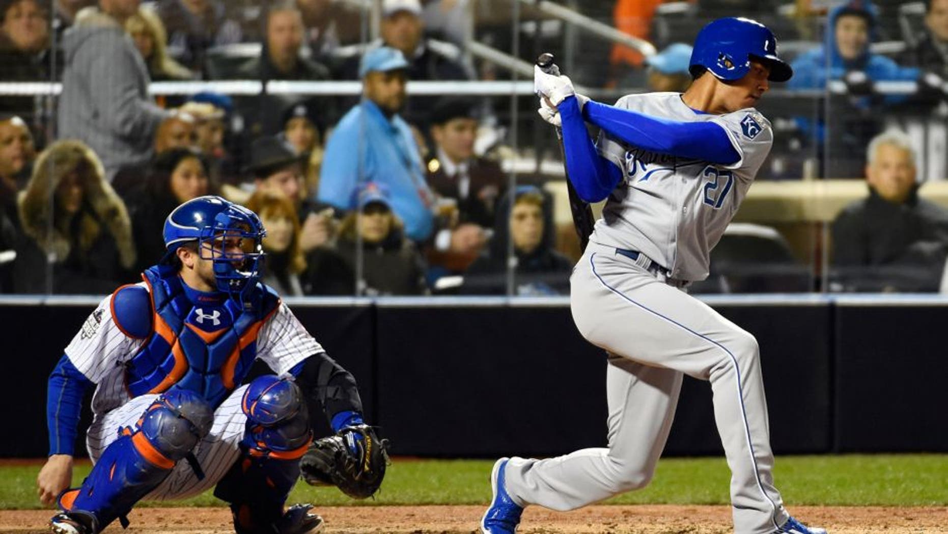 Oct 30, 2015; New York City, NY, USA; Kansas City Royals batter Raul Mondesi strikes out in his major league debut in the fifth inning in game three of the World Series against the New York Mets at Citi Field. Mandatory Credit: Robert Deutsch-USA TODAY Sports