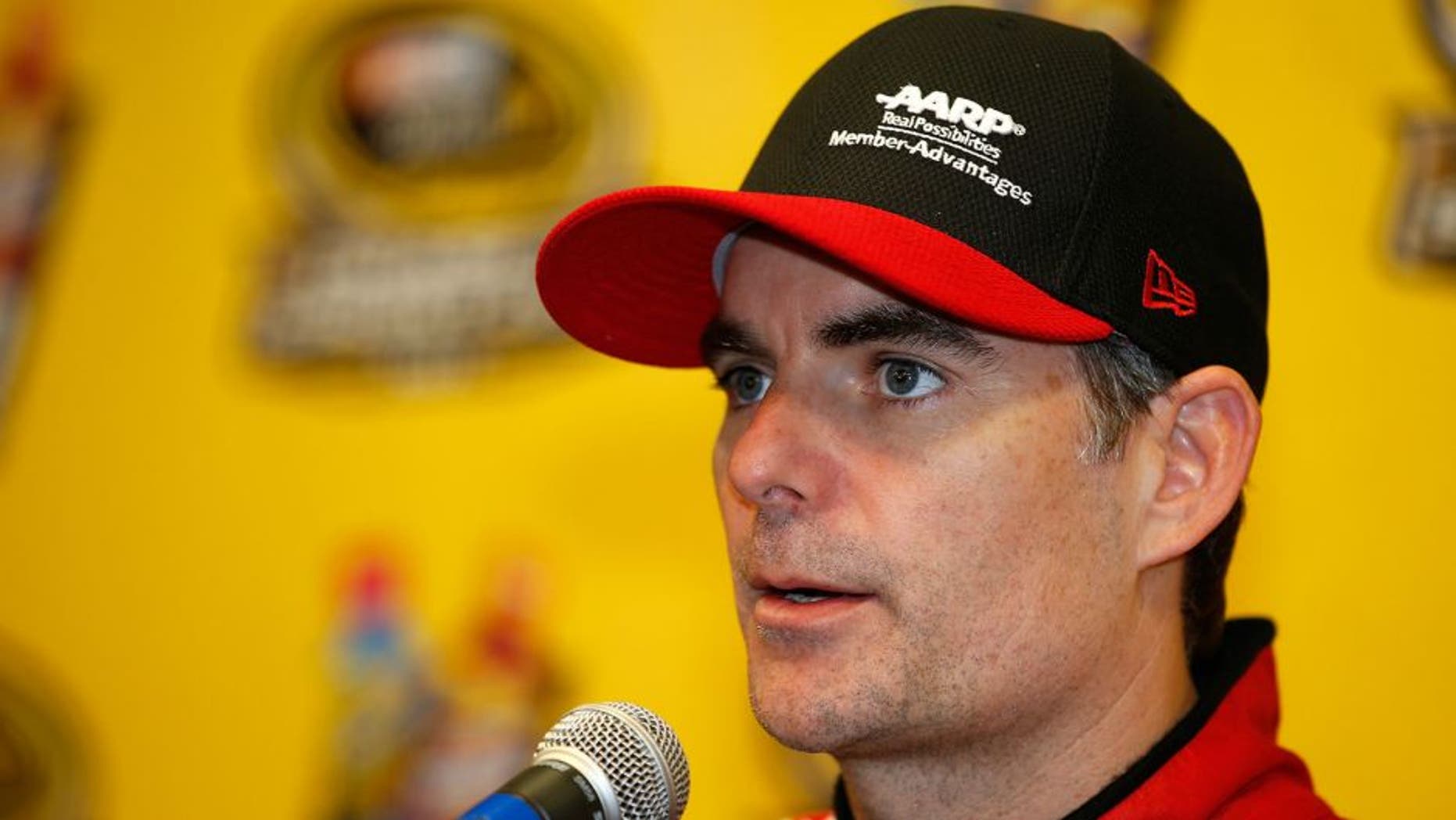 MARTINSVILLE, VA - OCTOBER 30: Jeff Gordon, driver of the #24 AARP Member Advantages Chevrolet, speaks with the media during a press conference prior to practice for the NASCAR Sprint Cup Series Goody's Headache Relief Shot 500 at Martinsville Speedway on October 30, 2015 in Martinsville, Virginia. (Photo by Todd Warshaw/NASCAR via Getty Images)