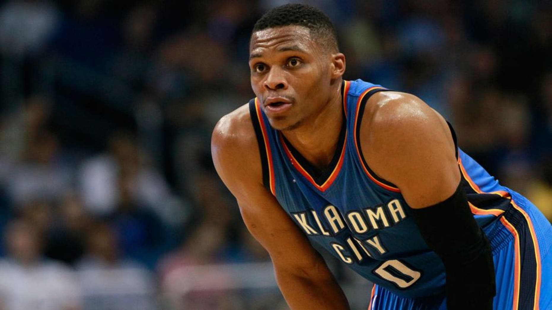 Oct 30, 2015; Orlando, FL, USA; Oklahoma City Thunder guard Russell Westbrook (0) looks on against the Orlando Magic during the second quarter at Amway Center. Mandatory Credit: Kim Klement-USA TODAY Sports