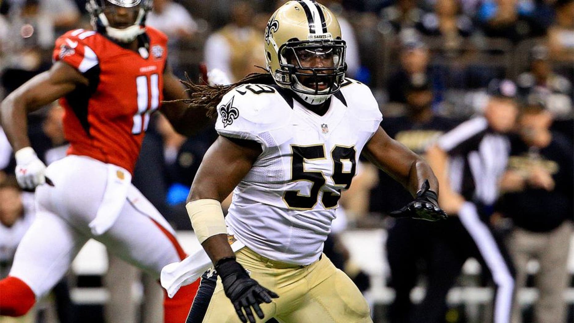 Oct 15, 2015; New Orleans, LA, USA; New Orleans Saints linebacker Dannell Ellerbe (59) against the Atlanta Falcons during the second half of a game at the Mercedes-Benz Superdome. The Saints defeated the Falcons 31-21. Mandatory Credit: Derick E. Hingle-USA TODAY Sports
