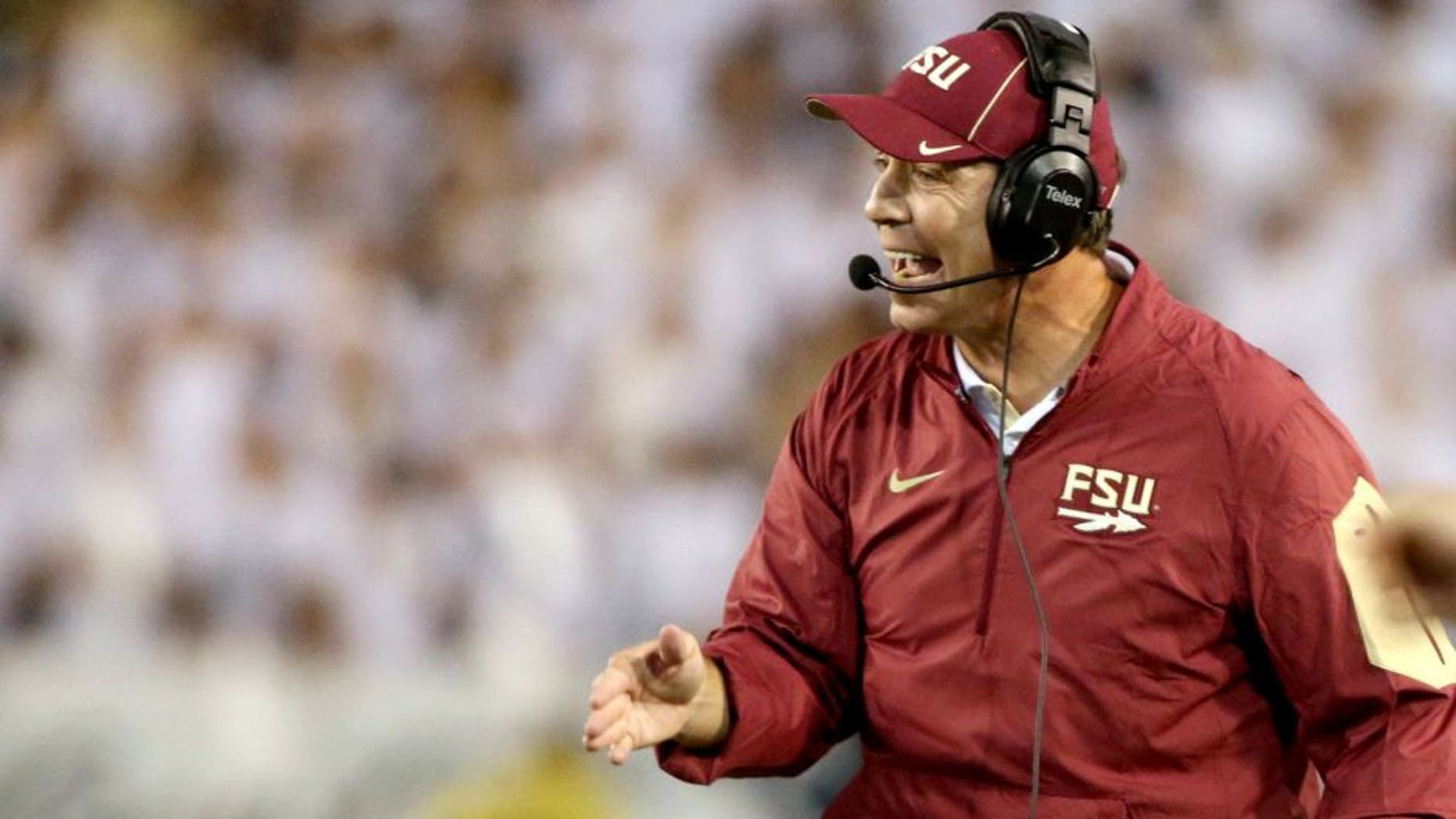 Oct 24, 2015; Atlanta, GA, USA; Florida State Seminoles head coach Jimbo Fisher argues a call with an official during the fourth quarter of their game against the Georgia Tech Yellow Jackets at Bobby Dodd Stadium. Georgia Tech won 22-16. Mandatory Credit: Jason Getz-USA TODAY Sports