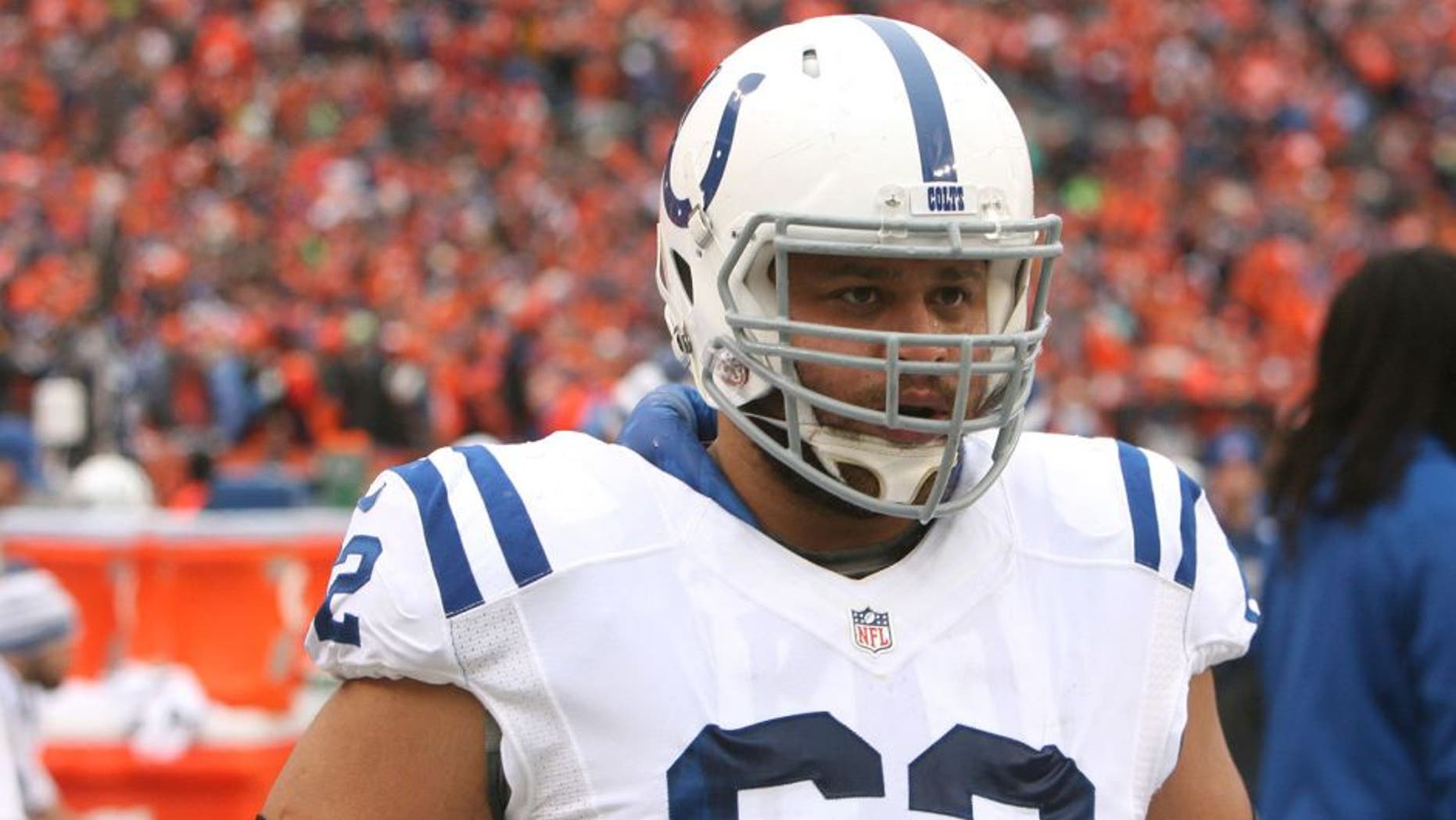 Jan 11, 2015; Denver, CO, USA; Indianapolis Colts center Khaled Holmes (62) in the 2014 AFC Divisional playoff football game against the Denver Broncos at Sports Authority Field at Mile High. Mandatory Credit: Chris Humphreys-USA TODAY Sports