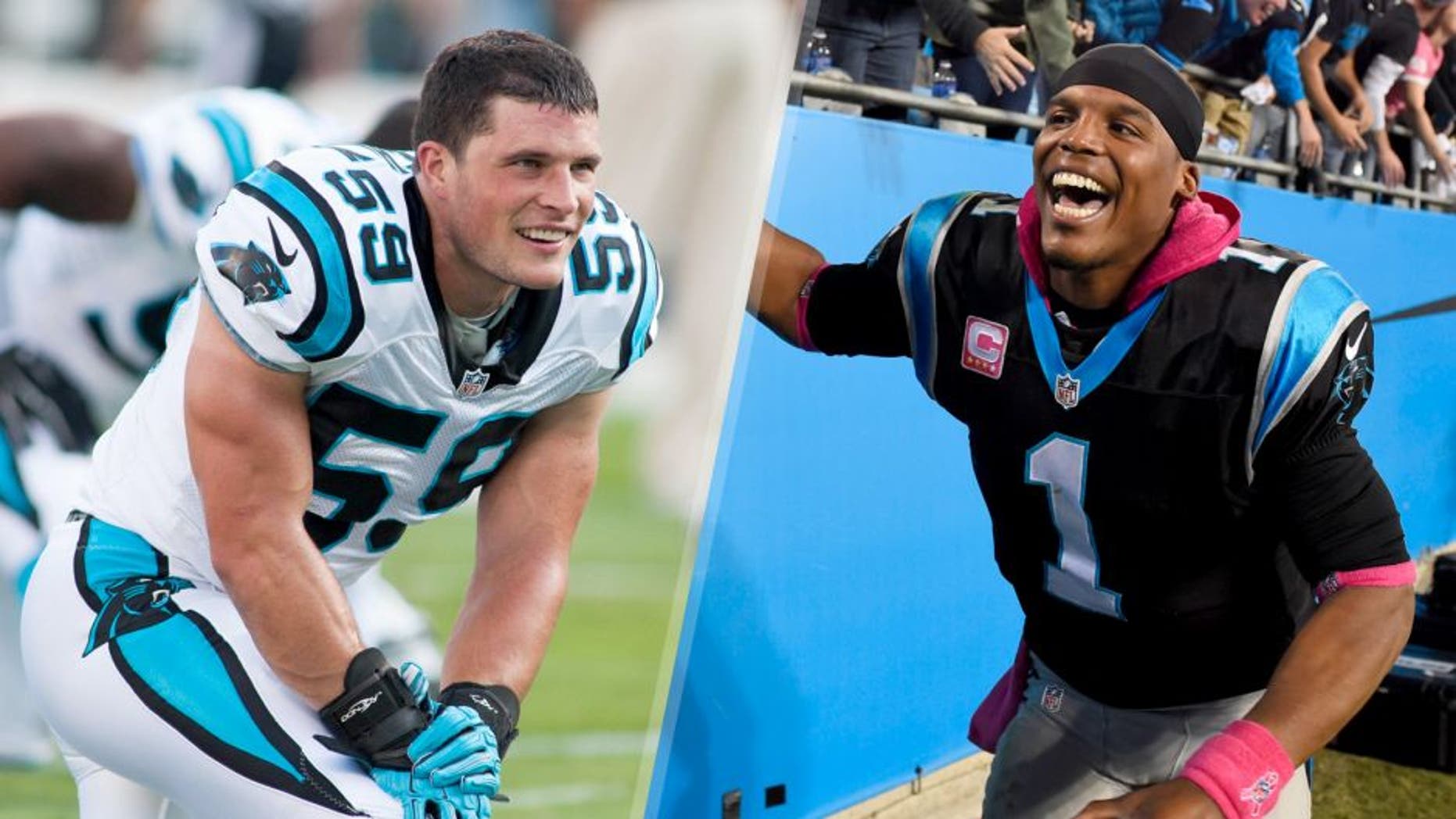 Aug 22, 2015; Charlotte, NC, USA; Carolina Panthers middle linebacker Luke Kuechly (59) stretches prior to the game against the Miami Dolphins at Bank of America Stadium. Mandatory Credit: Jeremy Brevard-USA TODAY Sports Oct 25, 2015; Charlotte, NC, USA; Carolina Panthers quarterback Cam Newton (1) with fans after the game. The Panthers defeated the Falcons 27-16 at Bank of America Stadium. Mandatory Credit: Bob Donnan-USA TODAY Sports