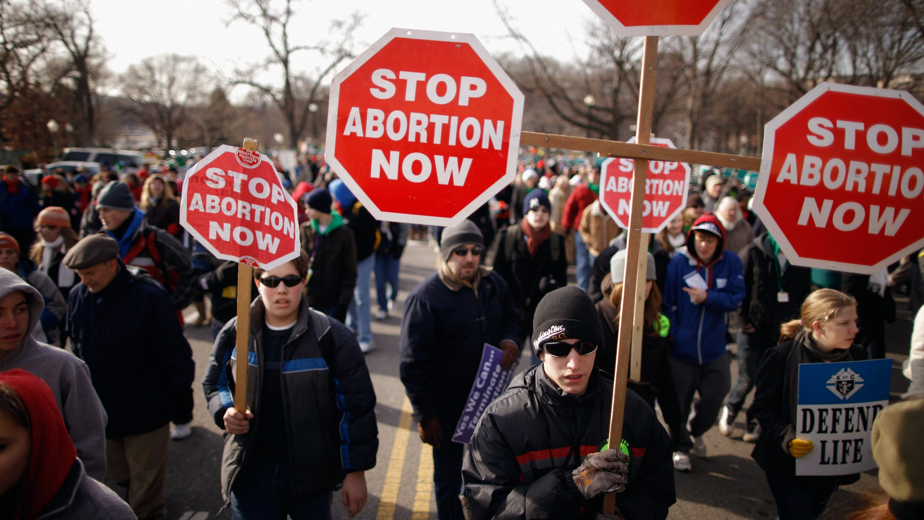 WASHINGTON, DC - JANUARY 24: Tens of thousands of anti-abortion demonstrators march along Constitution Avenue toward the Supreme Court during the March for Life January 24, 2011 in Washington, DC. The annual march marks the anniversary of the landmark Roe v. Wade decision by the court that made abortion legal in the United States. (Photo by Chip Somodevilla/Getty Images)