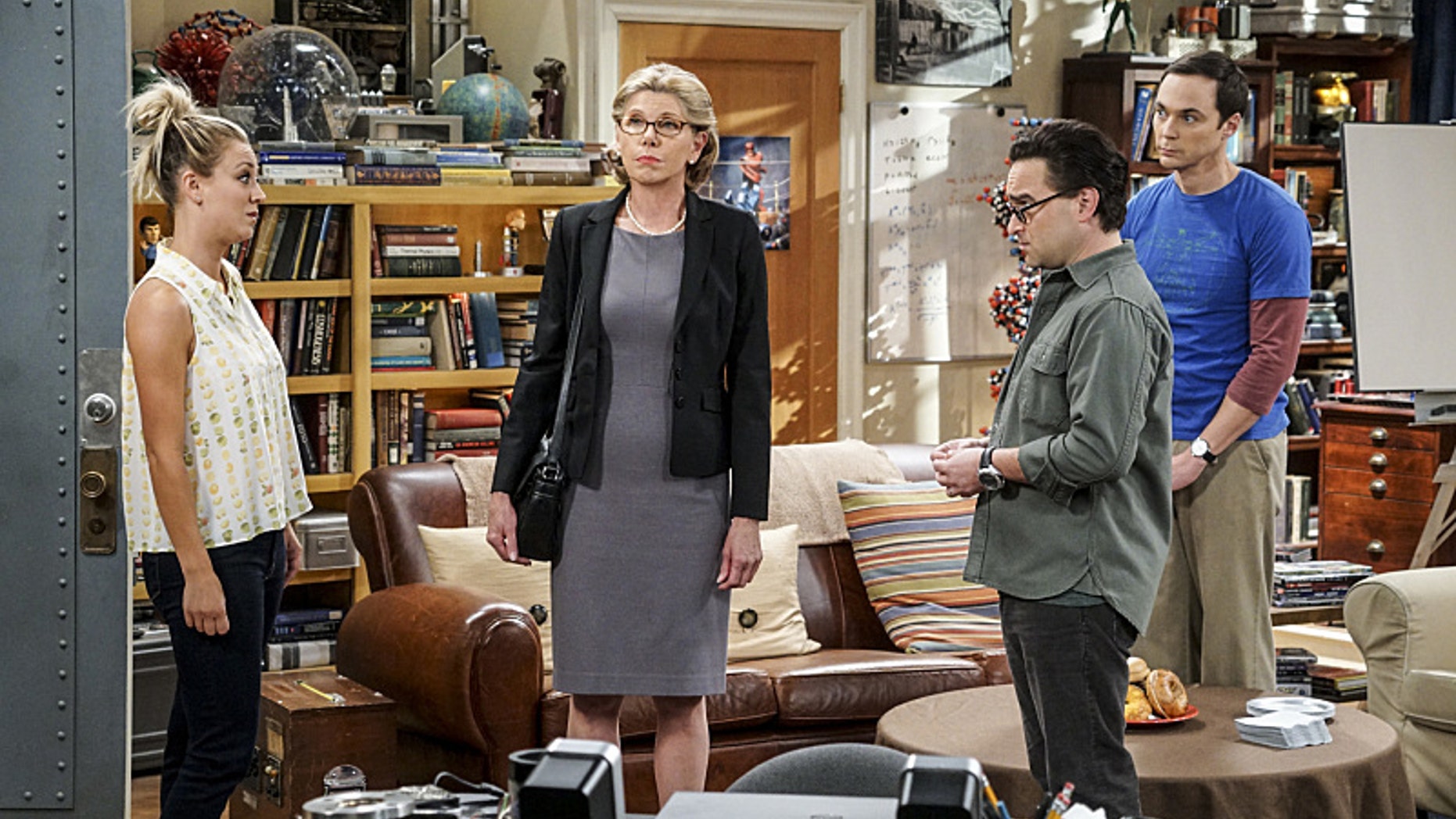Pictured: Penny (Kaley Cuoco), Beverly (Christine Baranski), Leonard Hofstadter (Johnny Galecki), and Sheldon Cooper (Jim Parsons).