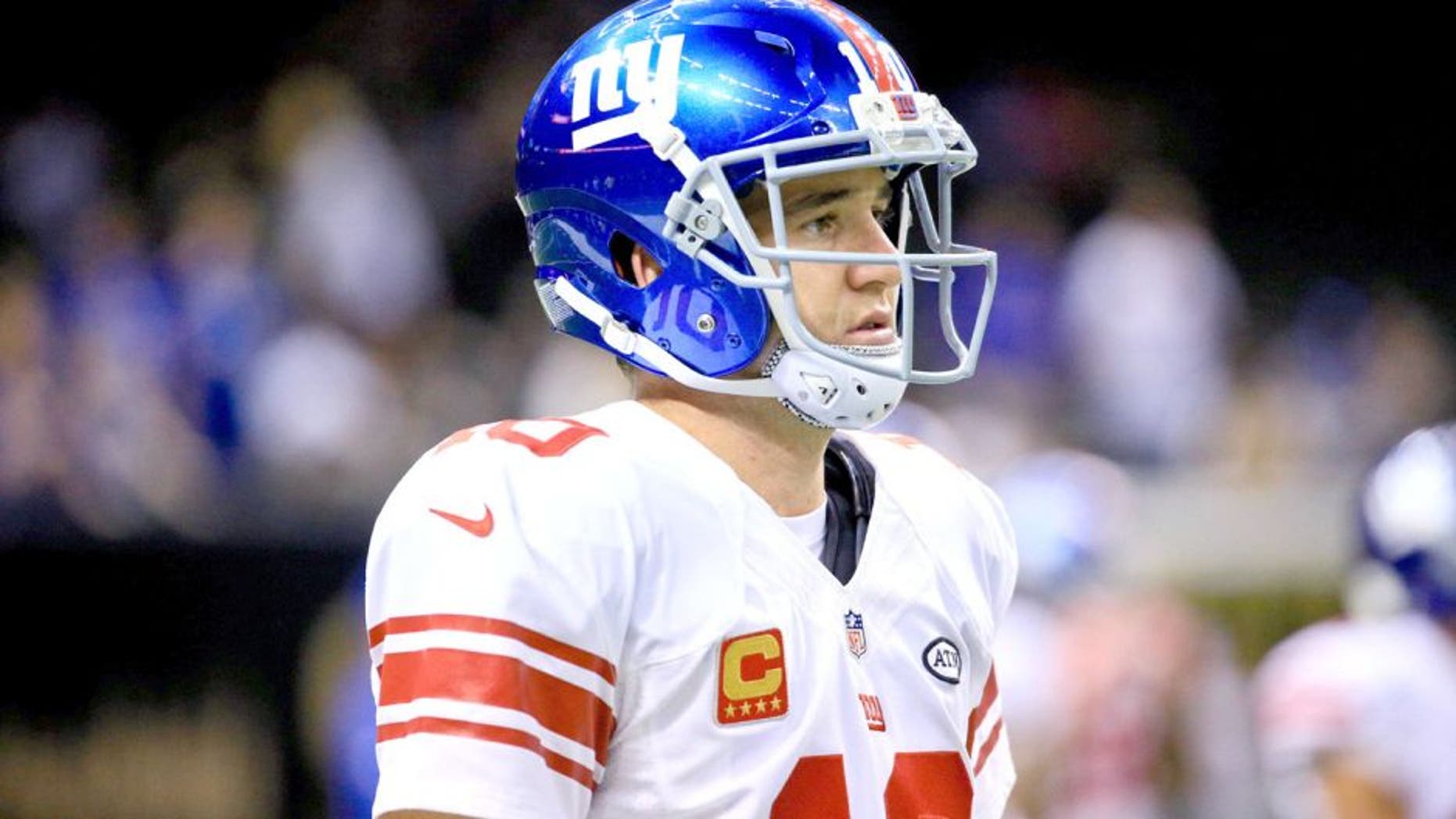 Nov 1, 2015; New Orleans, LA, USA; New York Giants quarterback Eli Manning (10) before a game against the New Orleans Saints at the Mercedes-Benz Superdome. Mandatory Credit: Derick E. Hingle-USA TODAY Sports