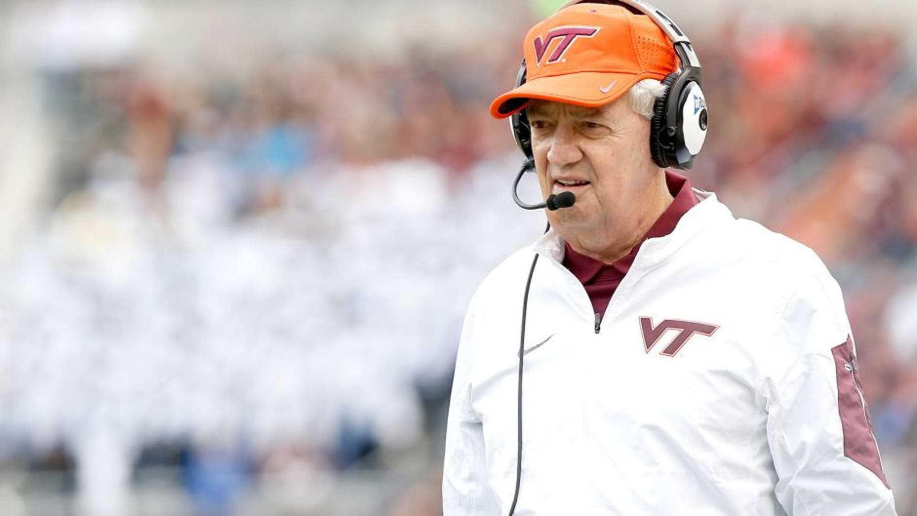 Oct 24, 2015; Blacksburg, VA, USA; Virginia Tech Hokies head coach Frank Beamer looks on from the sidelines against the Duke Blue Devils inthe first quarter at Lane Stadium. The Blue Devils won 45-43 in quadruple overtime. Mandatory Credit: Geoff Burke-USA TODAY Sports