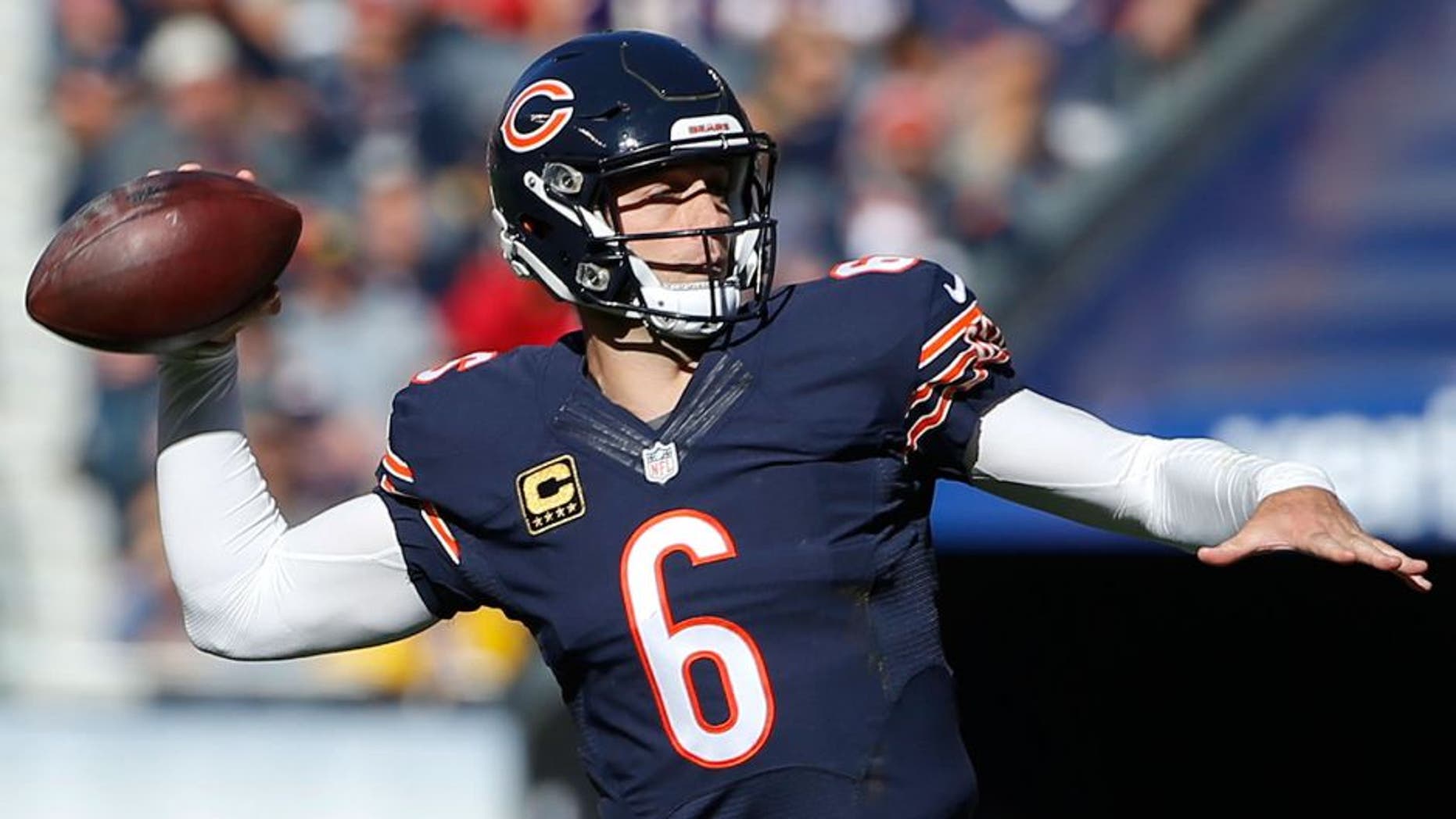 Nov 1, 2015; Chicago, IL, USA; Chicago Bears quarterback Jay Cutler (6) throws the ball against the Minnesota Vikings during the second quarter at Soldier Field. Mandatory Credit: Kamil Krzaczynski-USA TODAY Sports