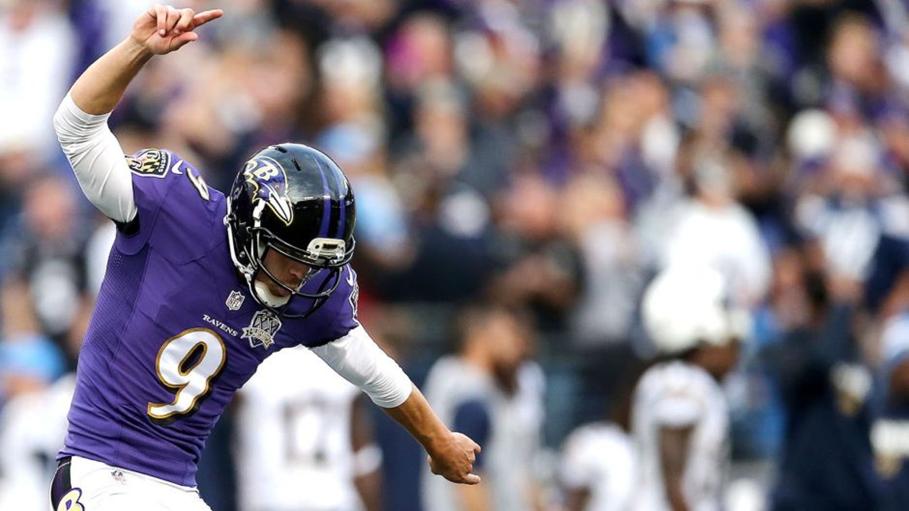 BALTIMORE, MD - NOVEMBER 1: Kicker Justin Tucker #9 of the Baltimore Ravens celebrates after kicking the game winning field goal in the fourth quarter to defeat the San Diego Chargers 29-26 at M&T Bank Stadium on November 1, 2015 in Baltimore, Maryland. (Photo by Matt Hazlett/Getty Images)