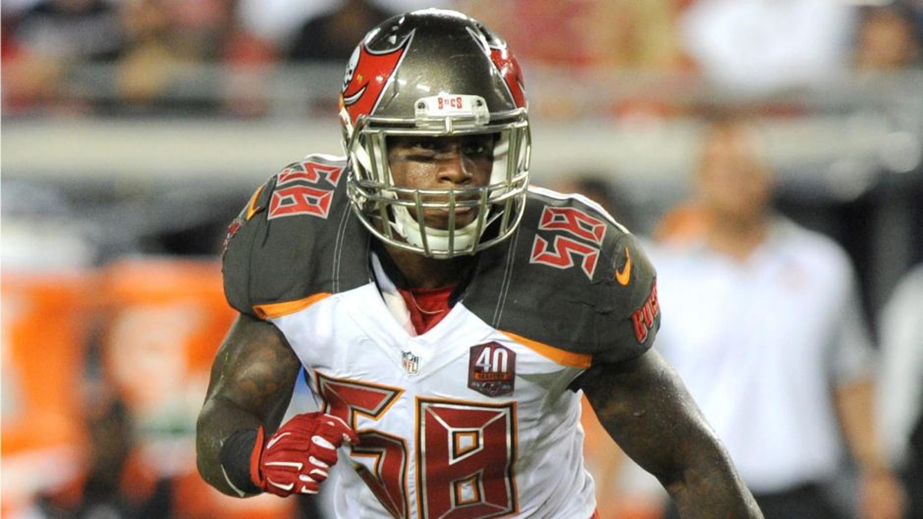 TAMPA, FL - AUGUST 24: Outside linebacker Kwon Alexander #58 of the Tampa Bay Buccaneers runs upfield during action against the Cincinnati Bengals at Raymond James Stadium in preseason action on August 24, 2015 in Tampa, Florida. (Photo by Cliff McBride/Getty Images)